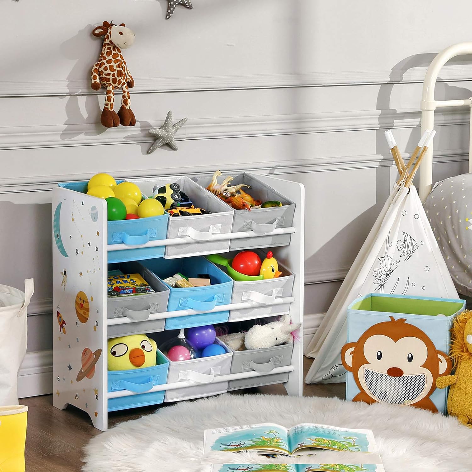 SONGMICS GKR33WT Estante infantil para brinquedos e livros, 9 caixas de tecido não tecido removíveis com asas, para sala de jogos, escola, 62,5 x 29,5 x 60 cm, economiza espaço, branco