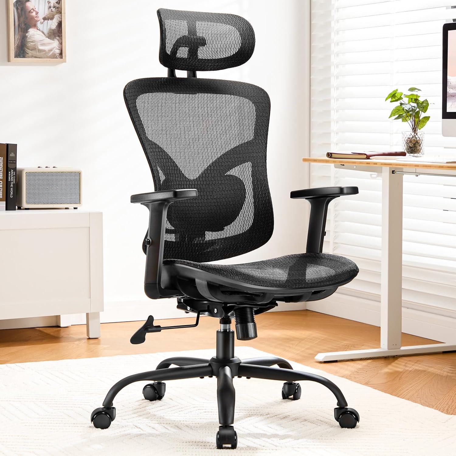 Marsail Cadeira de escritório ergonómica com suporte lombar ajustável, apoios de cabeça e apoios de braços, altura regulável e função basculante