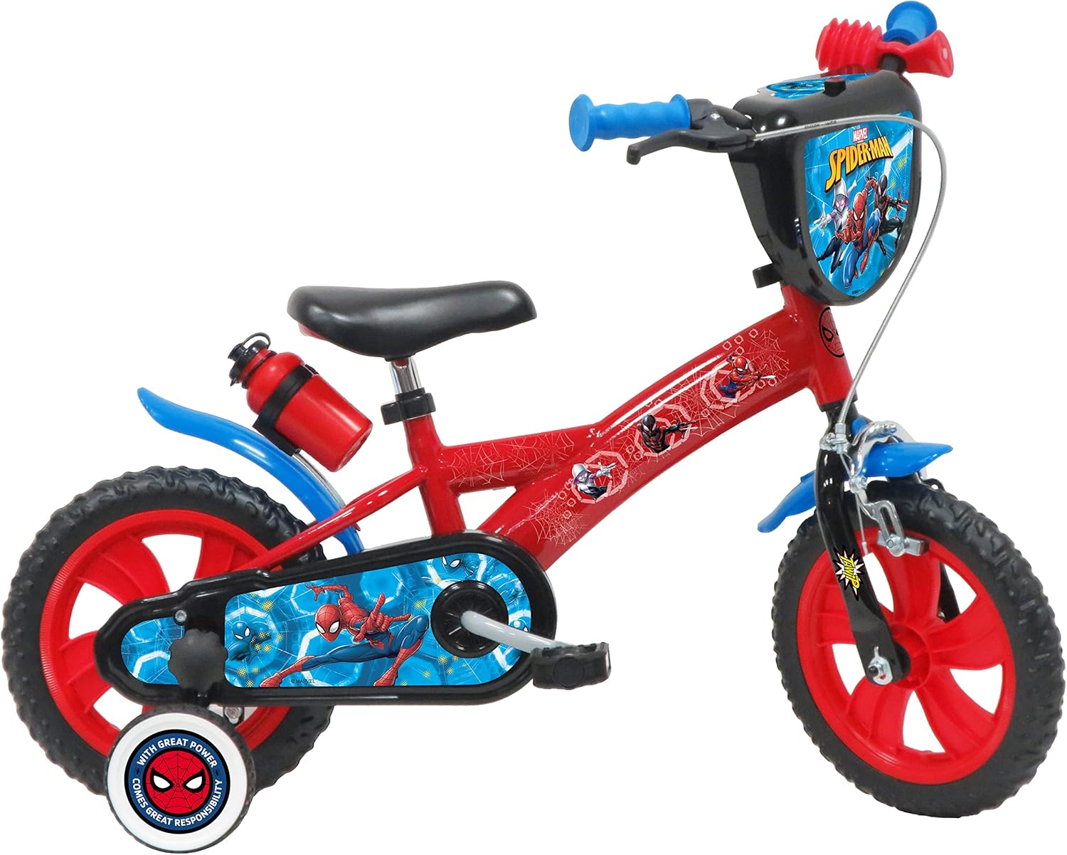 A.T.L.A.S. Bicicleta de 12 polegadas equipada com 1 travão, placa frontal decorativa, guarda-lamas, cárter, estabilizadores e capacete Spiderman incluído na frente, crianças, vermelho idêntico às