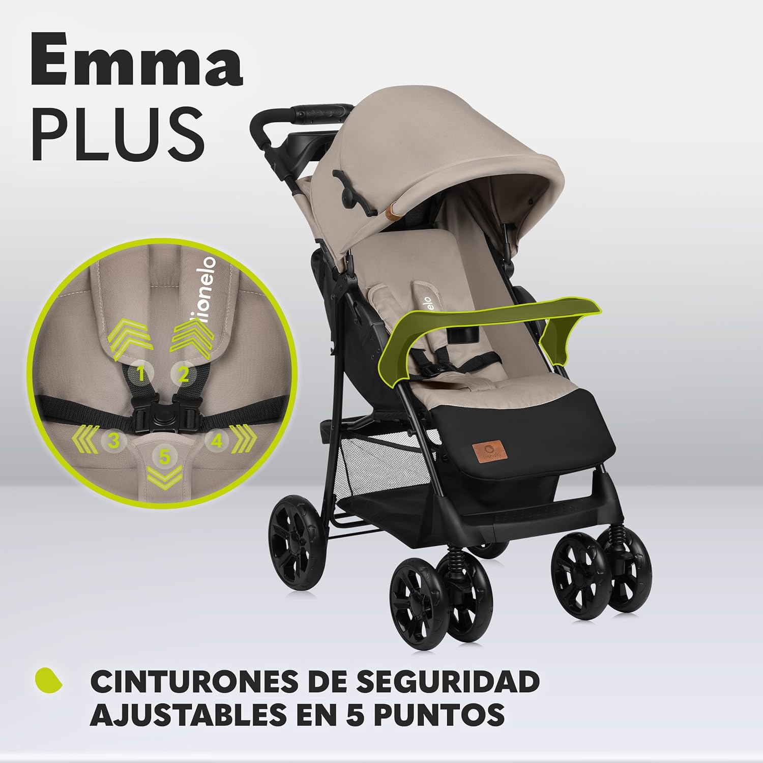 LIONELO Emma Plus Carrinho de passeio até 15 kg 6-36 M encosto ajustável cinto de segurança de 5 pontos capuz profundo organizador para pais
