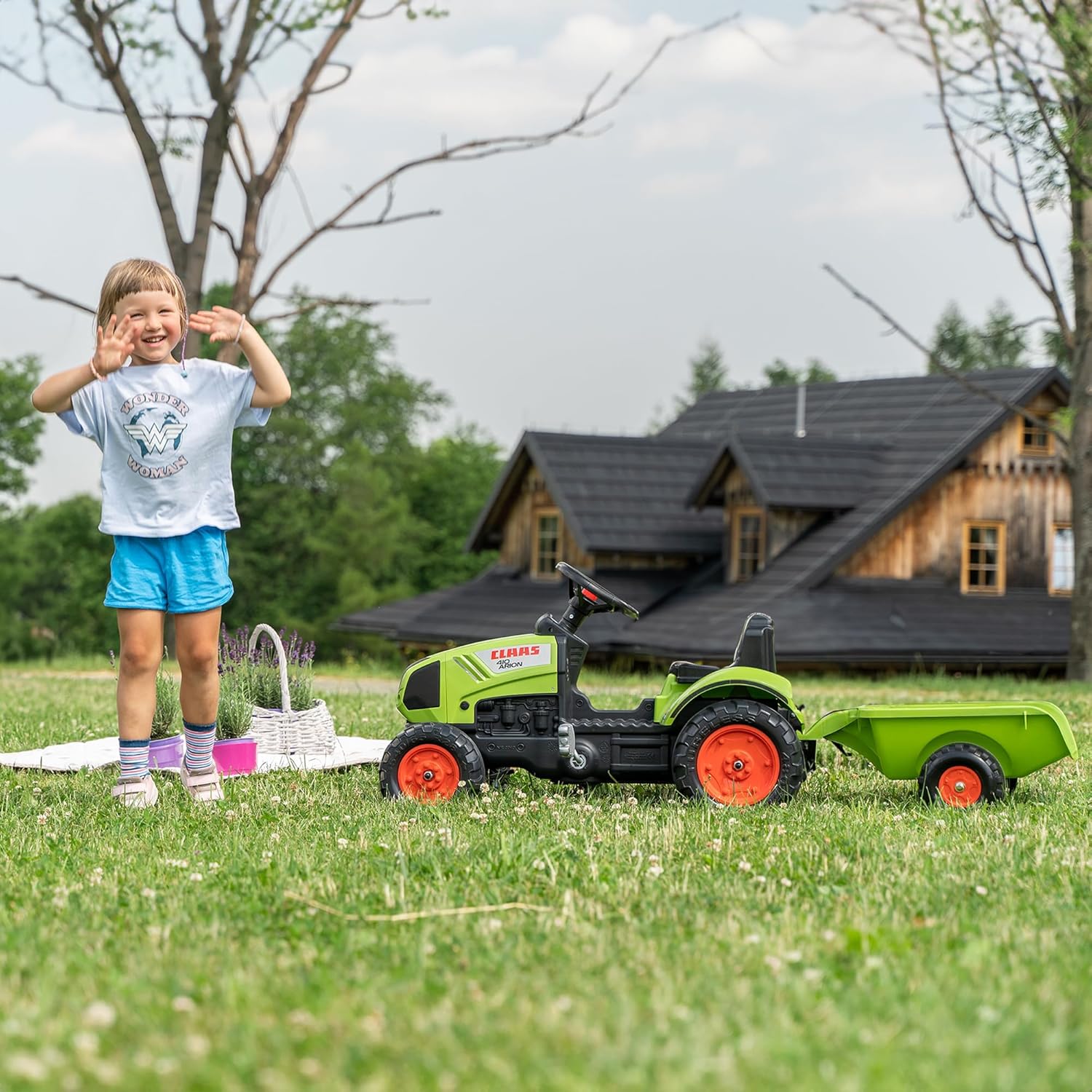 FALK Tractor de pedais de pestanas com reboque - A partir de 2 anos-Fabricado em França-volante direcional com buzina-2040A, multicolorido, tamanho único (2040A)