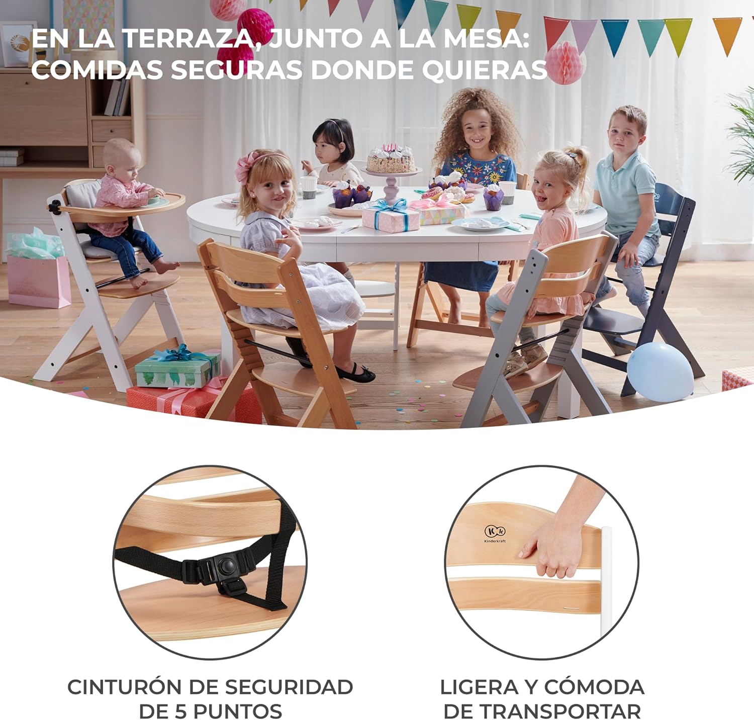 kk Kinderkraft ENOCK Cadeira alta bebé de madeira, infantil, portátil, para crianças, cadeira alta evolutiva, ergonómica, com acessórios, barreira e bandeja, madeira natural