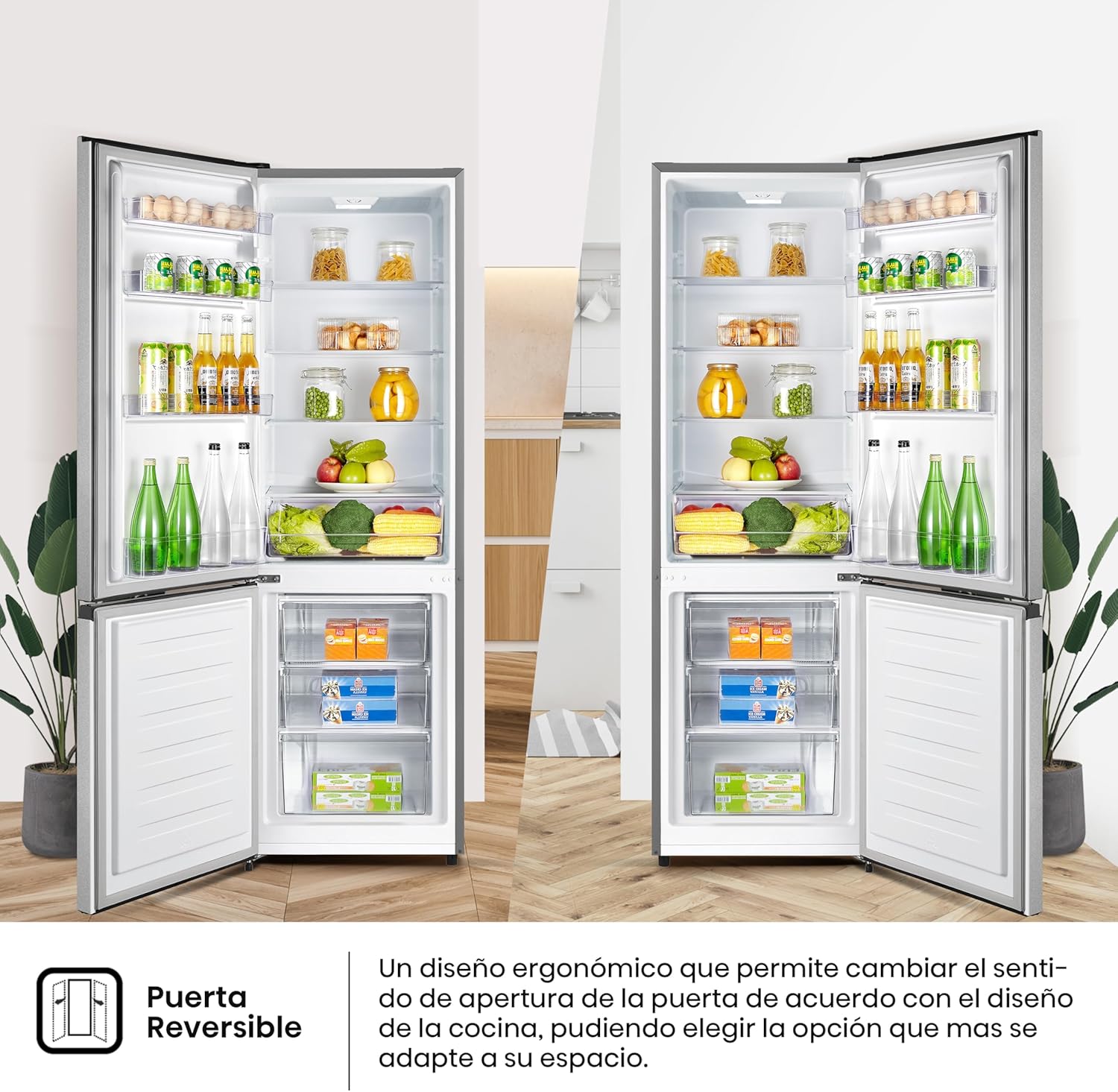 Hisense RB343D4CDE Frigorífico combinado cíclico, 269 l, classe E, largura 55 cm x altura 180 cm, porta reversível, abertura de portas de 90º, iluminação LED, gavetas frutas e legumes, grande