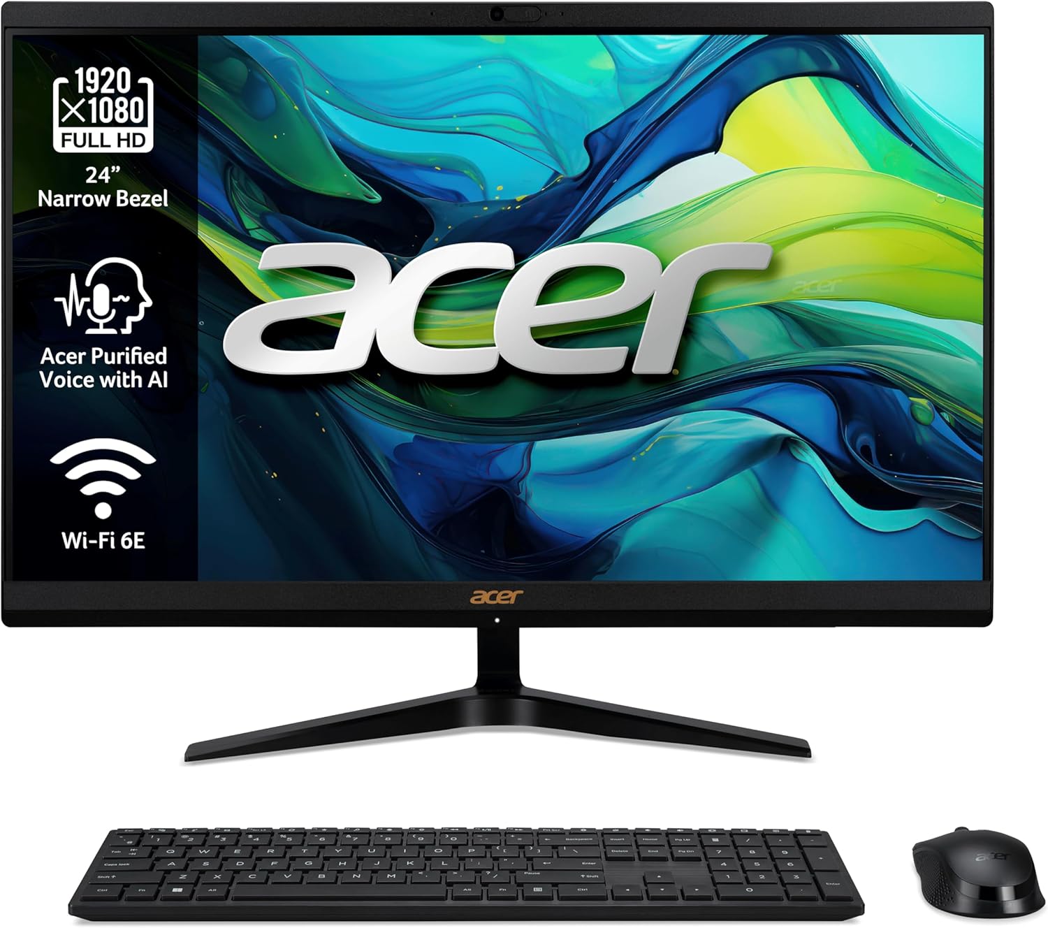 Acer Aspire C24-1800 All in One, monitor FullHD de 24" (Intel Core i5-12450H, 16 GB RAM, 512 GB SSD, Intel Iris Xe Graphics, Windows 11 Home), preto, teclado QWERTY espanhol e rato Sem fios