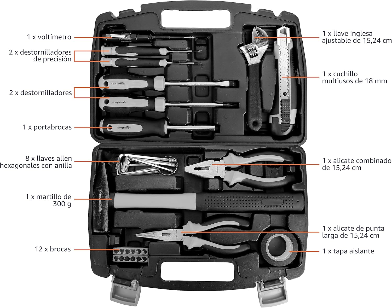 Amazon Basics Conjunto de ferramentas para casa, plástico, preto/cinzento, 32 unidades