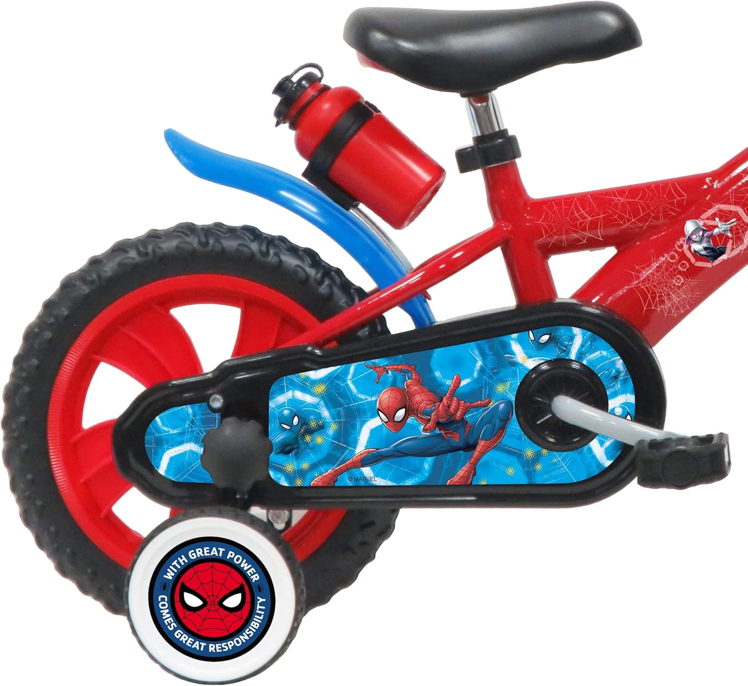 A.T.L.A.S. Bicicleta de 12 polegadas equipada com 1 travão, placa frontal decorativa, guarda-lamas, cárter, estabilizadores e capacete Spiderman incluído na frente, crianças, vermelho idêntico às