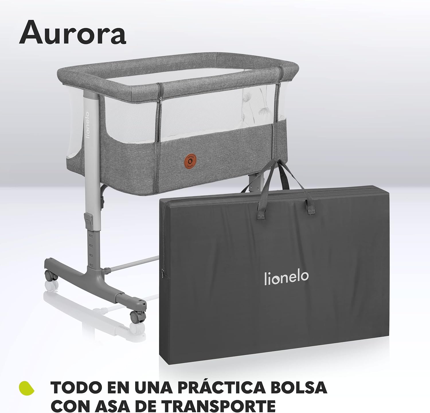 lionelo Aurora Berço de colecho 3 em 1 até 9 kg, berço de balanço, ajuste de altura e inclinação do colchão, 4 rodas com travão, colchão ergonómico, bolsa