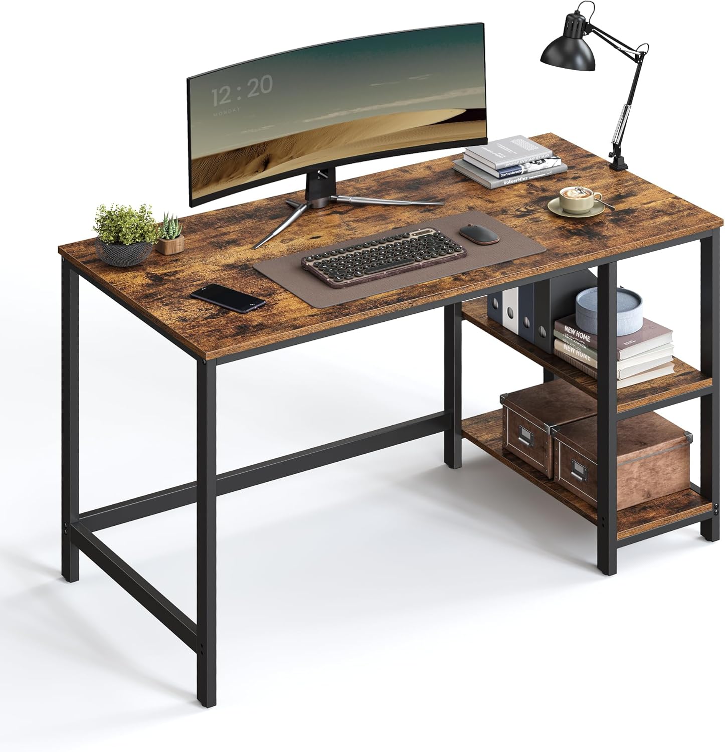 VASAGLE Secretária, mesa de computador, com 2 prateleiras à esquerda ou à direita, para escritório, quarto, estrutura de aço, industrial, castanho rústico e preto LWD47X