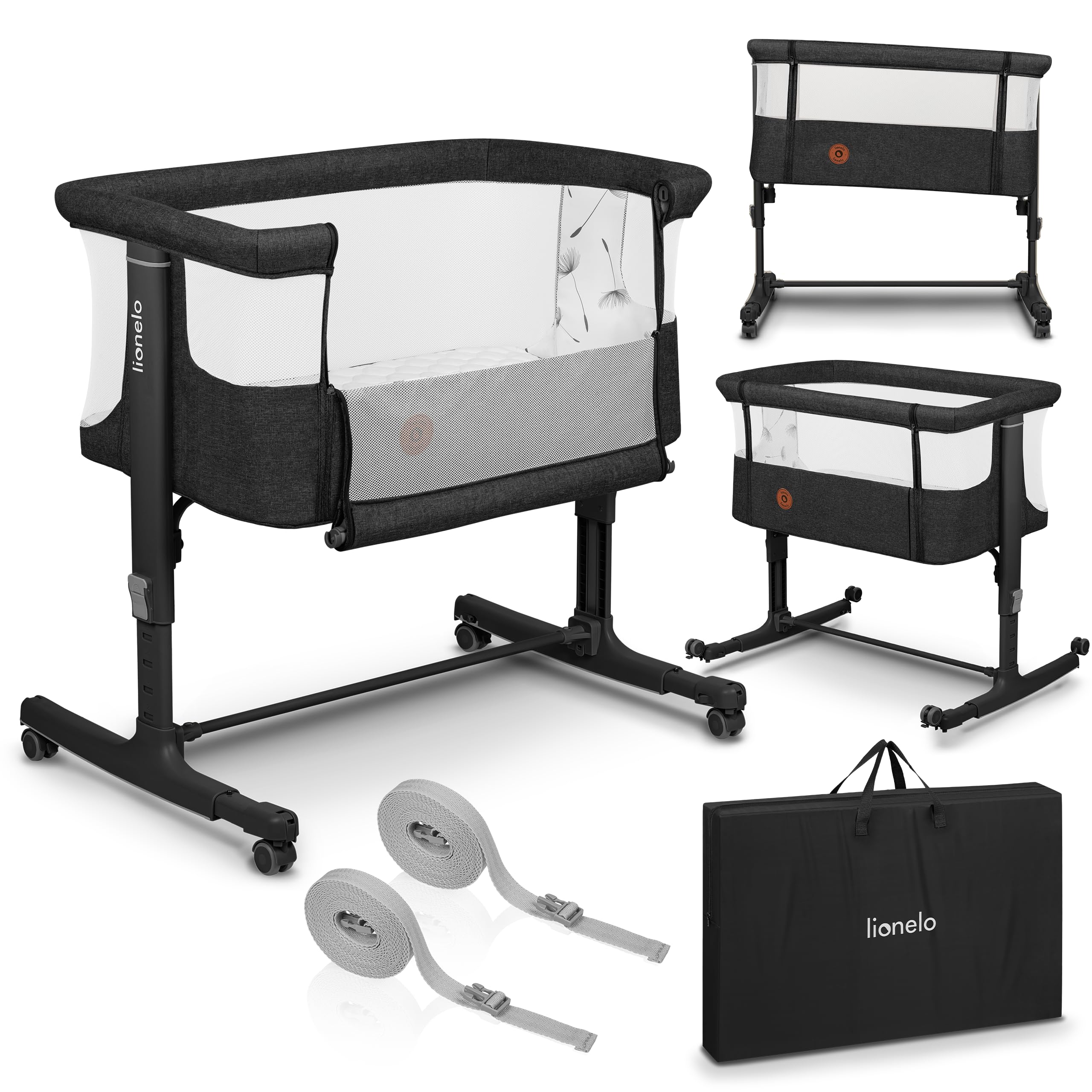 lionelo Aurora Berço de colecho 3 em 1 até 9 kg, berço de balanço, ajuste de altura e inclinação do colchão, 4 rodas com travão, colchão ergonómico, bolsa