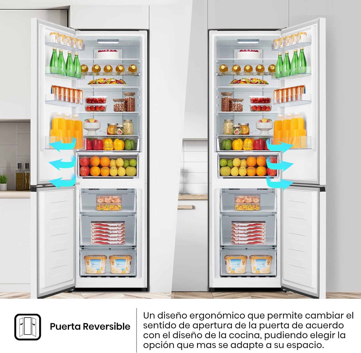 Hisense RB440N4BWE Frigorífico Combinado, classe E eficiente, capacidade de 336 l com 200 cm de altura, super freeze, garrafeiro, porta reversível, silencioso 39dB, cor branca