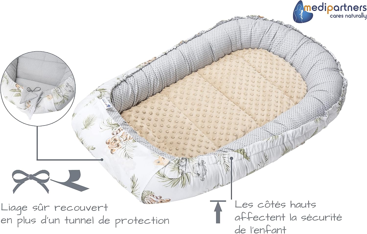 Medi Partners Ninho bebé recém-nascido redutor de berço, 100 x 60 x 15 conjunto de 5 peças bebés anticólicas bilateral portátil ou de viagem 100 % algodão (safari com Minky Bege)