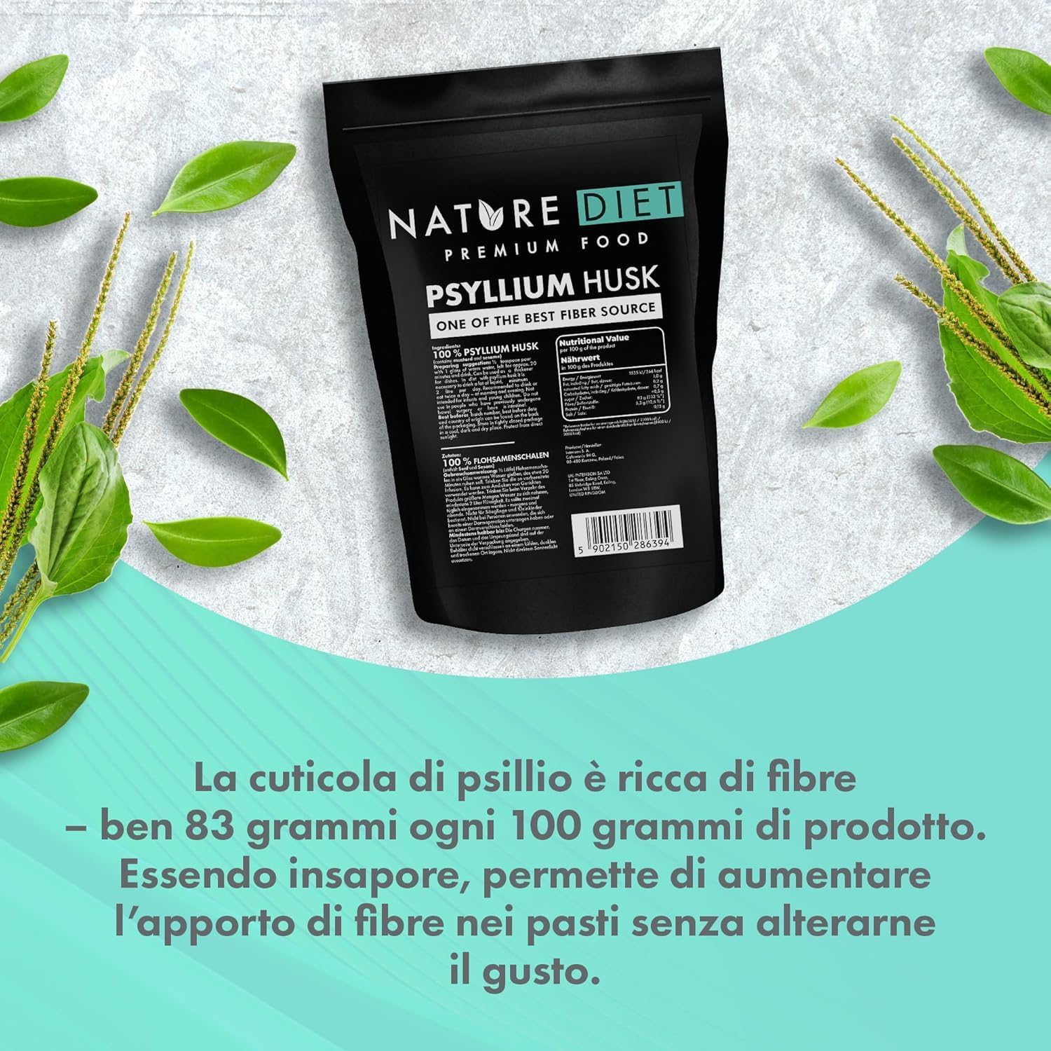 Nature Diet Casca de Psyllium 450 g | Alto em fibra, vegano, sem glúten e sem lactose, para dieta Keto & Low-Carb, ideal para bebidas e receitas