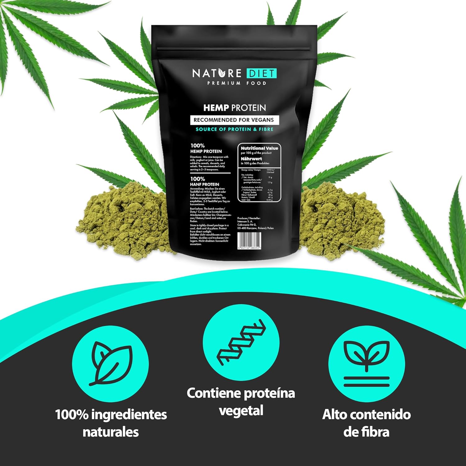 Nature Diet Proteína de cânhamo 1000 g, vegano, pó de proteína, à base de plantas