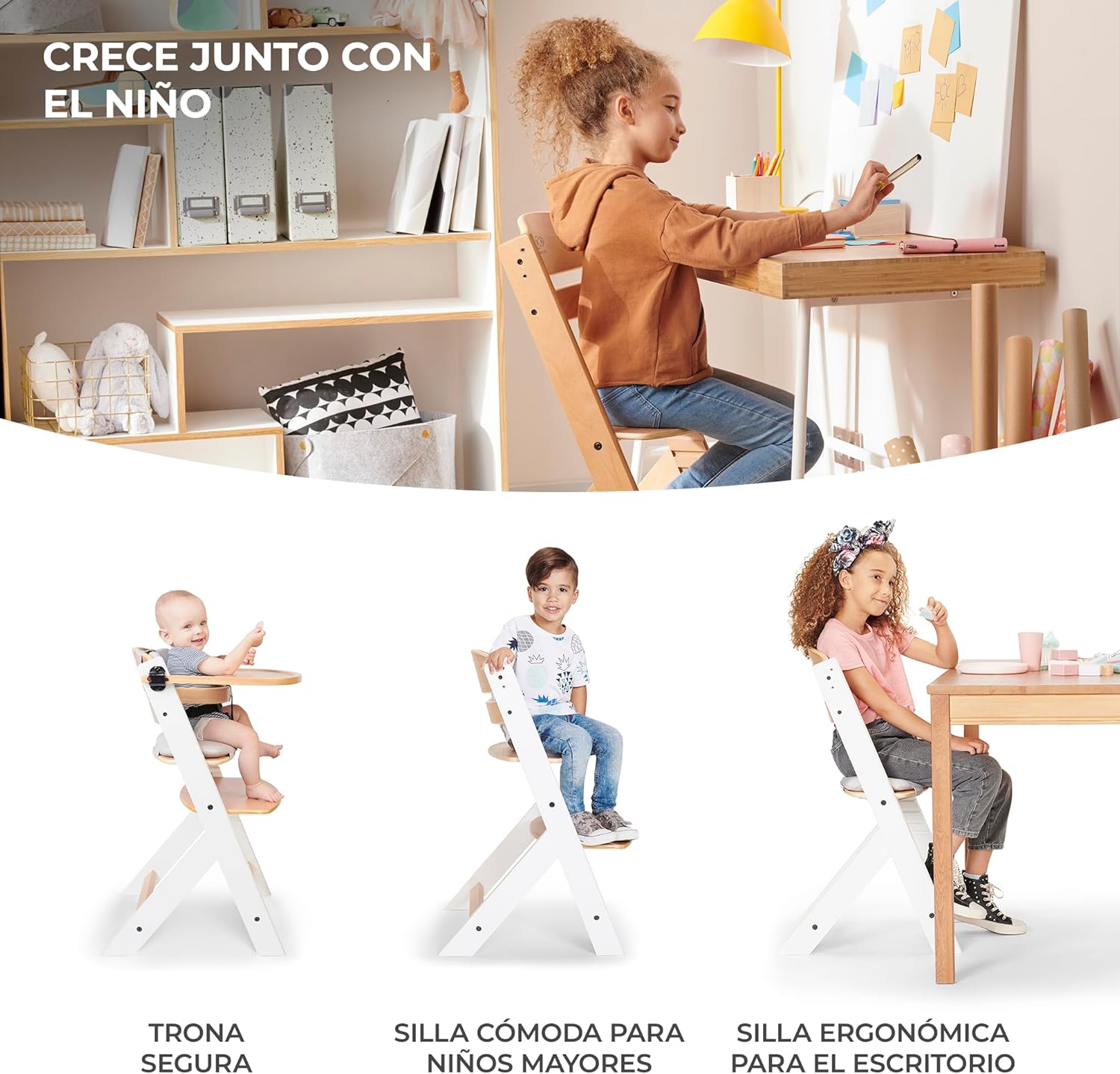 kk Kinderkraft ENOCK Cadeira alta bebé de madeira, infantil, portátil, para crianças, cadeira alta evolutiva, ergonómica, com acessórios, barreira e bandeja, madeira natural