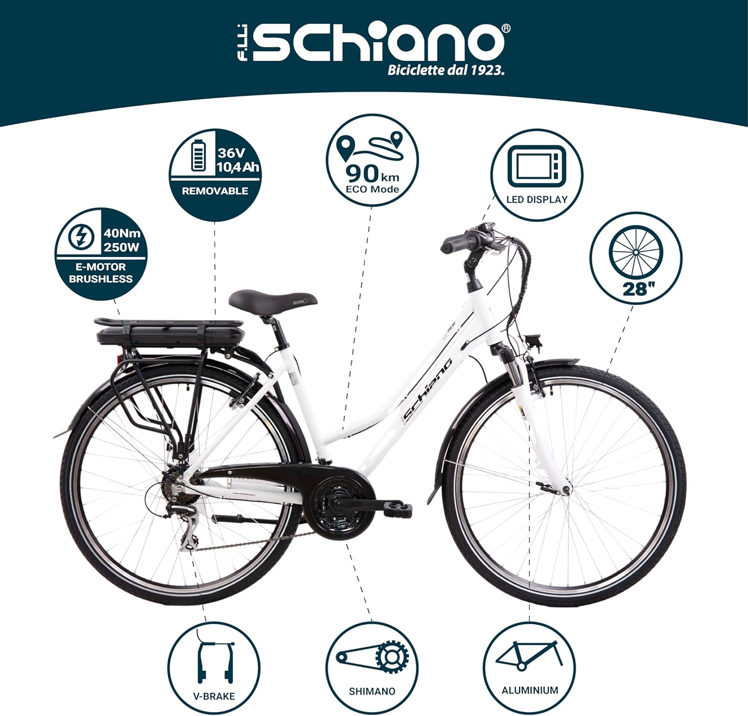 F.lli Schiano E-Ride, Bicicleta Electrica de Trekking, 28", Batería 36V 10.4Ah Extraíble, Motor 250W 40Nm, Bici Electrica Urbana, Unisex Adulto