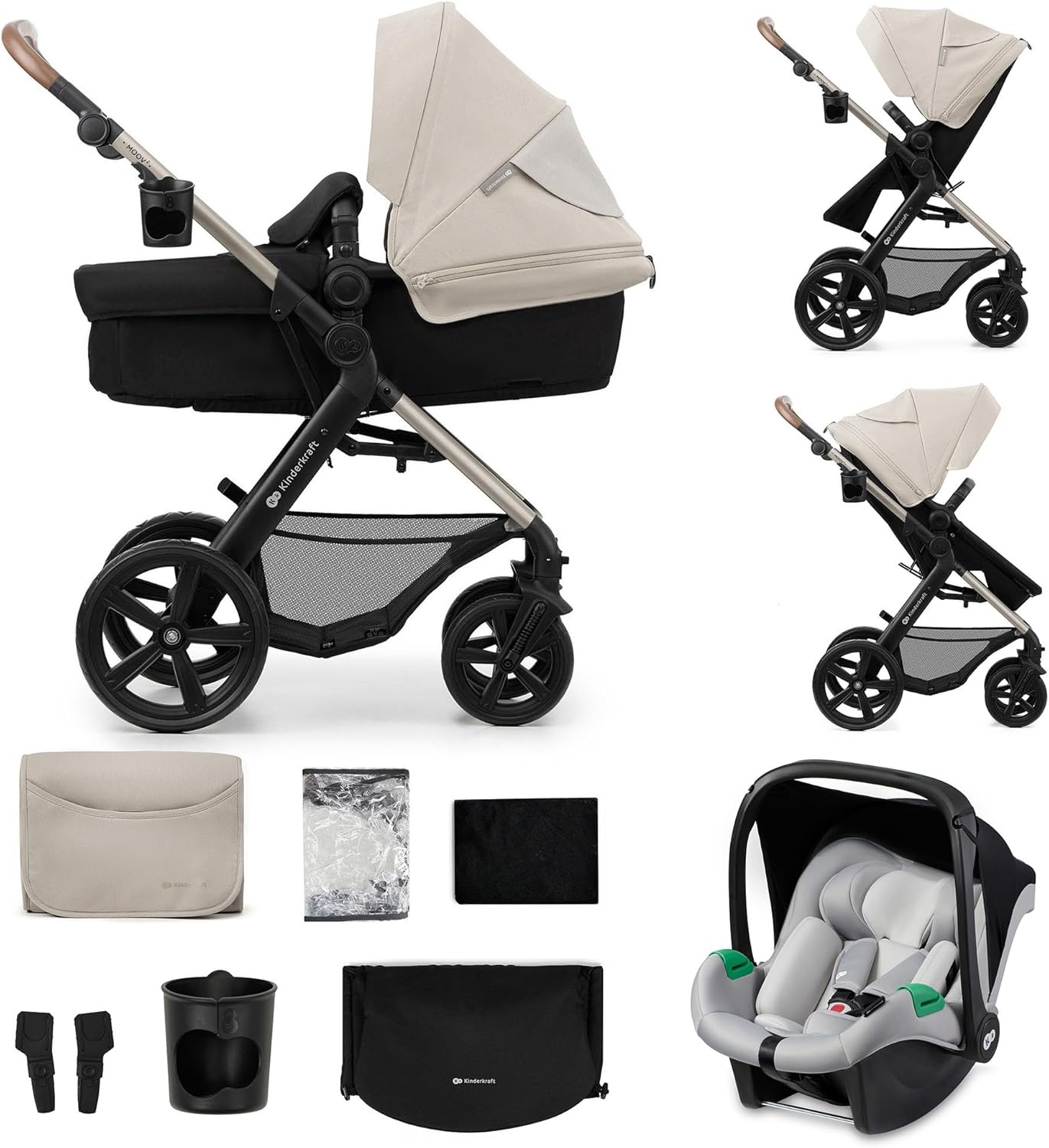 Kinderkraft MOOV2 Carrinho de bebé 3 em 1, EVA, Mink PRO I-Size, sistema de viagem, carrinho para bebé, carrinho de passeio, dobrável, para recém-nascido, desde o nascimento até aos 3 anos, cinzento