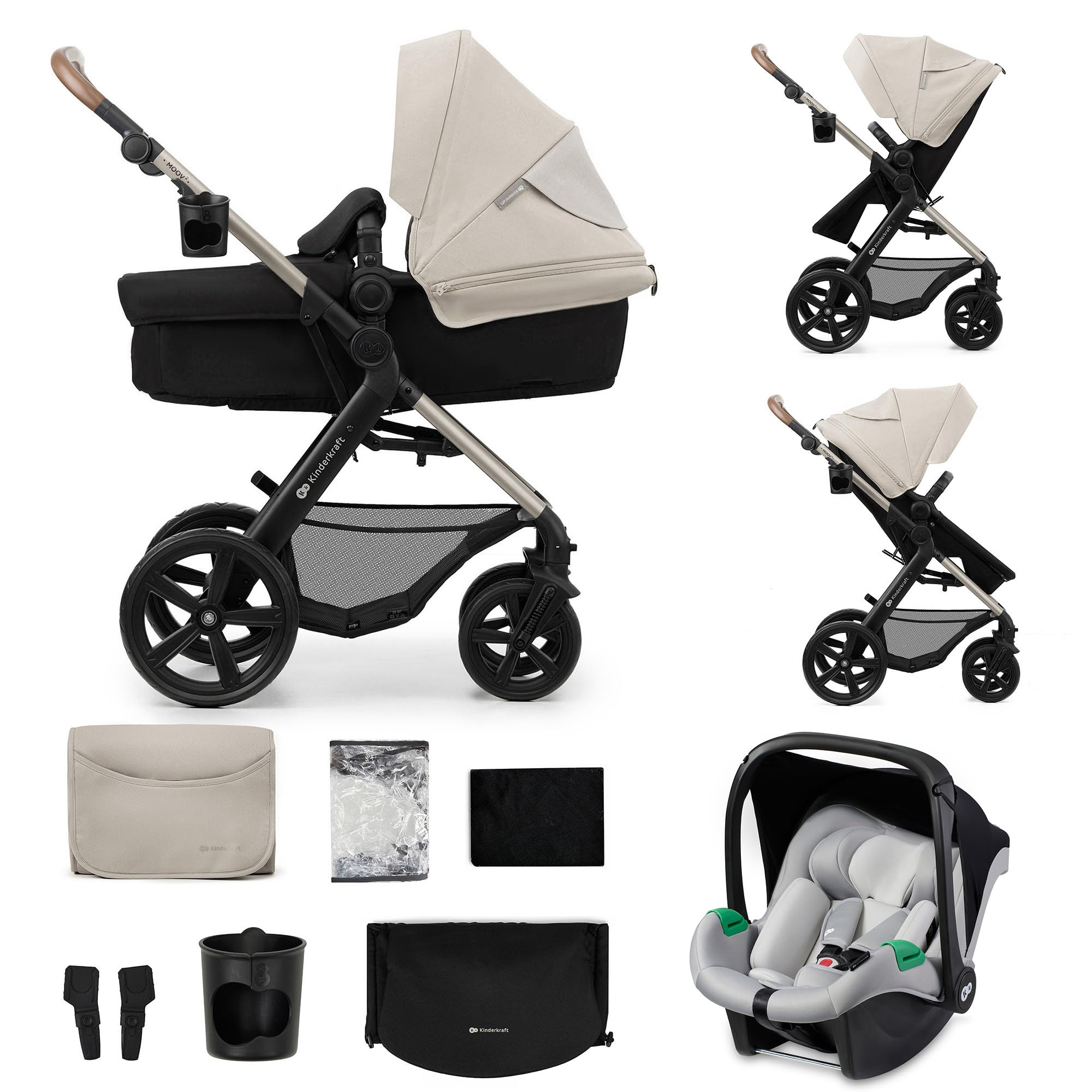 Kinderkraft MOOV2 Carrinho de bebé 3 em 1, EVA, Mink PRO I-Size, sistema de viagem, carrinho para bebé, carrinho de passeio, dobrável, para recém-nascido, desde o nascimento até aos 3 anos, cinzento