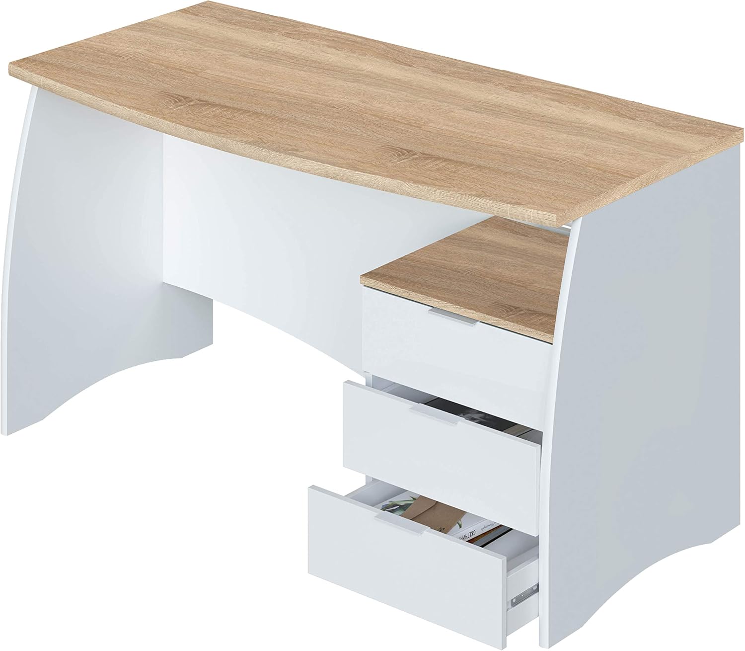 Habitdesign Mesa de Despacho con 3 Cajones, Mesa de Oficina o Estudio, Modelo Stil, Acabado en Balnco Artik y Roble Canadian, Medidas: 136 cm (Ancho) x 67 cm (Fondo) x 74 cm (Alto)