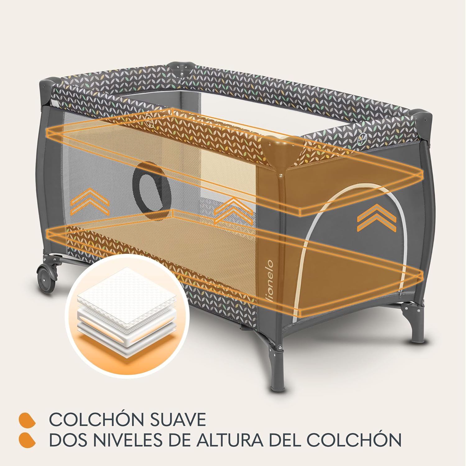 lionelo Sven Plus Berço de viagem para bebés 0-36 M para crianças até 15 kg função de trocador mosquiteira abertura lateral com fecho de correr ajuste de altura (cinzento)