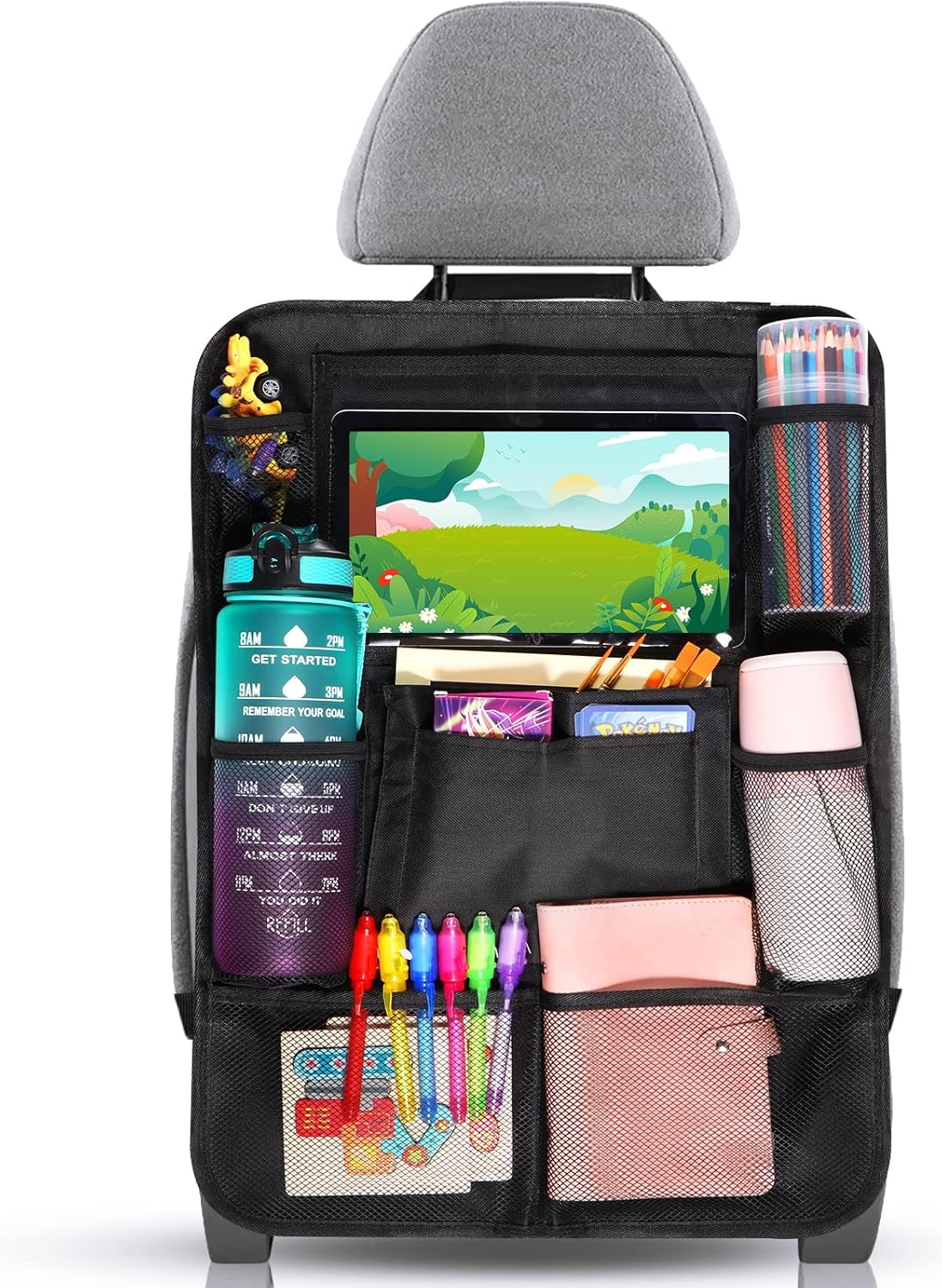 Diboniur Organizador de assento de carro, protetores de assento para carro com 10 bolsos, organizador de assento traseiro para crianças para tablet iPad de 9,7" e 10,5" para brinquedos livros