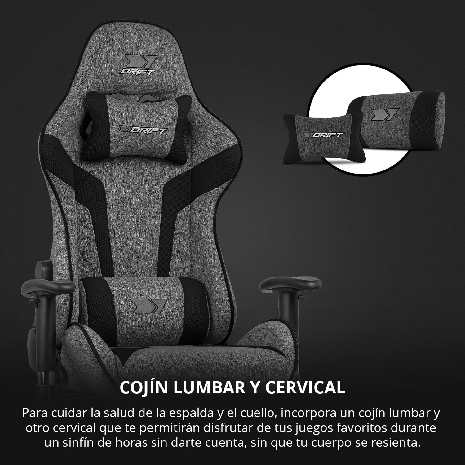 DRIFT GAMING DR90 Cadeira de jogos ergonómica com encosto de cabeça e lombar, encosto reclinável de 135°, braços 2D ajustáveis, tecido respirável, base de nylon e pistão de gás classe 4, cinzento