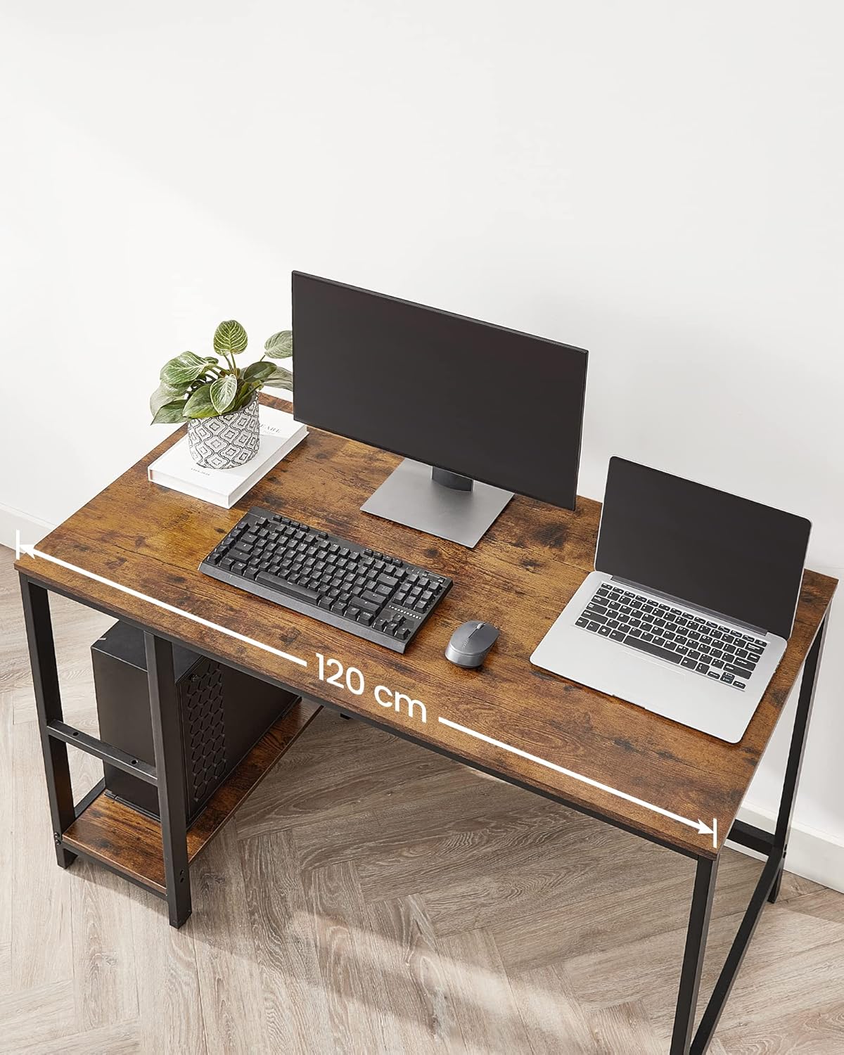 VASAGLE Secretária, mesa de computador, com 2 prateleiras à esquerda ou à direita, para escritório, quarto, estrutura de aço, industrial, castanho rústico e preto LWD47X