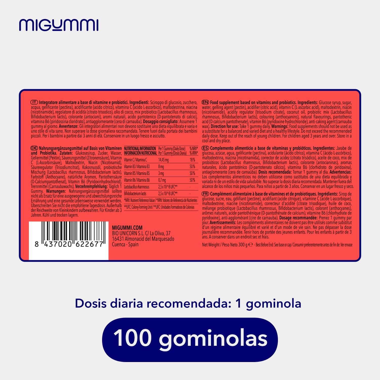 Gominolas probióticas para crianças, 100 Gummies, sabor natural cereja, probióticos, vitamina C, B3, B5 e B6, Flora intestinal, e inchaço, vitaminas para crianças, veganas, sem glúten