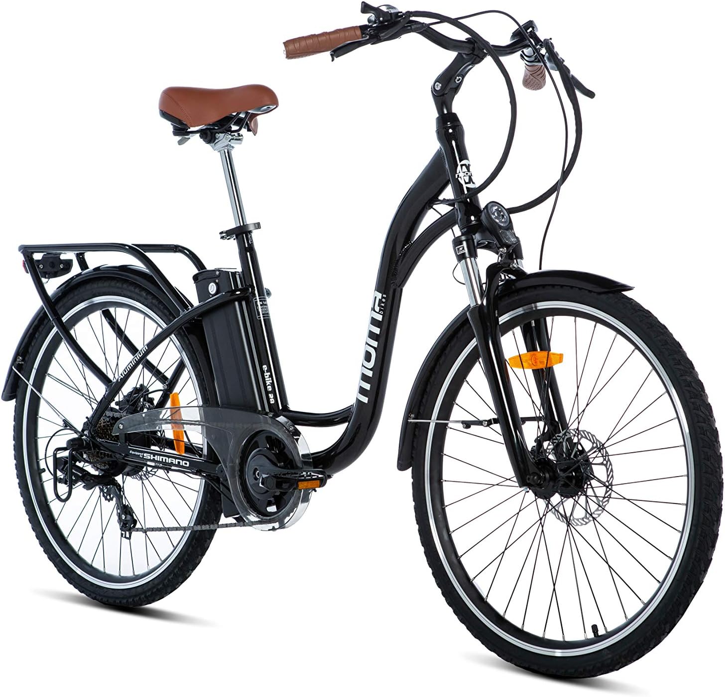 Moma Bikes Bicicleta elétrica urbana Ebike, alumínio, Shimano 7 v, travões de disco hidráulicos, bateria de lítio 36 V 16 Ah