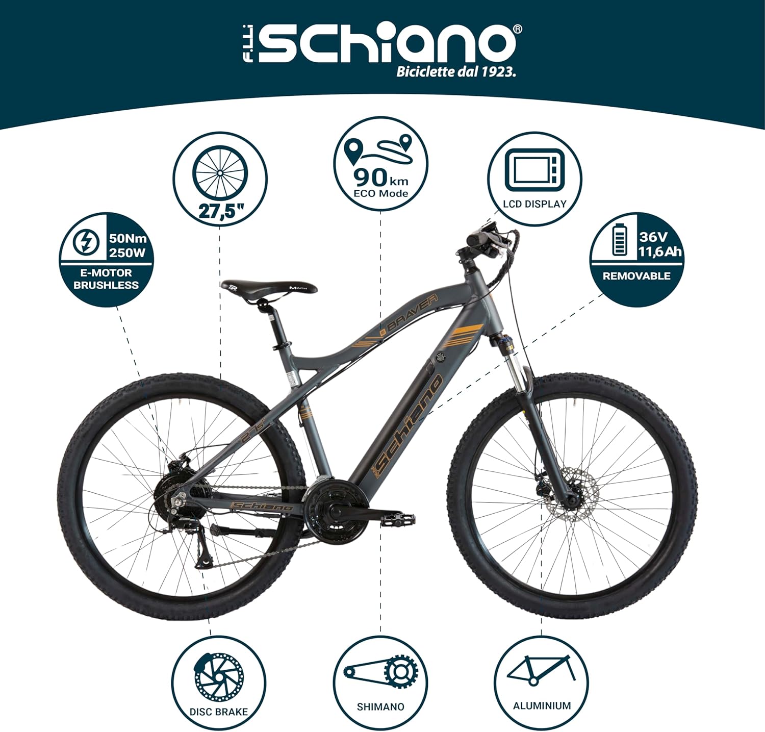 F.lli Schiano Braver, bicicleta elétrica MTB, 27,5", bateria de 36 V de 11,6 Ah removível, motor 250 W, 50 Nm, bicicleta elétrica de montanha, unissexo para adultos, cinzento