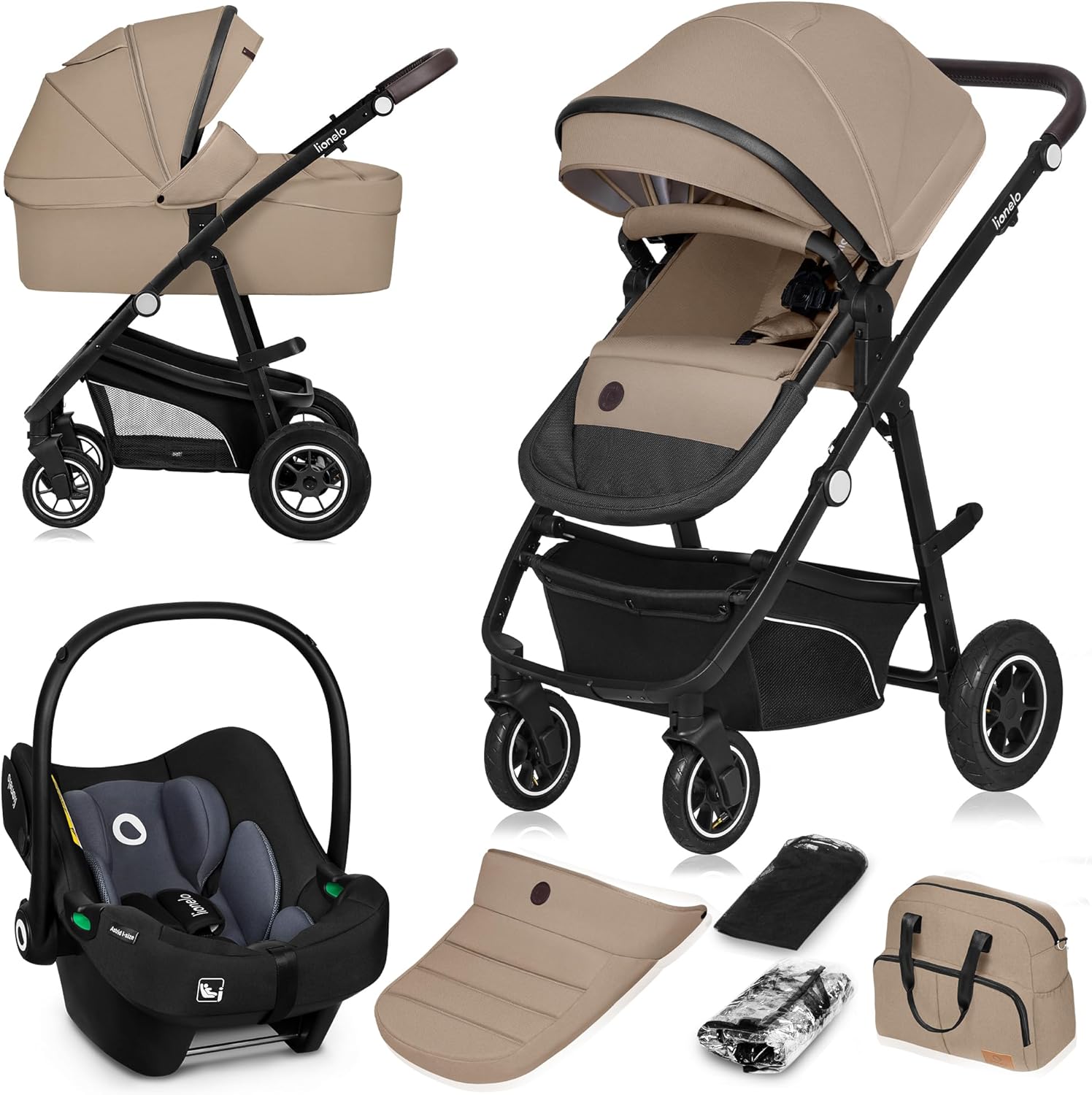 LIONELO BIANKA Carrinho de bebé 3 em 1 (22 kg) porta-bebés (9 kg) cadeira de carro (13 kg), dobrável, sistema de viagem encosto ajustável rodas 360o amortecimento, capô XXL, carrinho de bebé (bege)