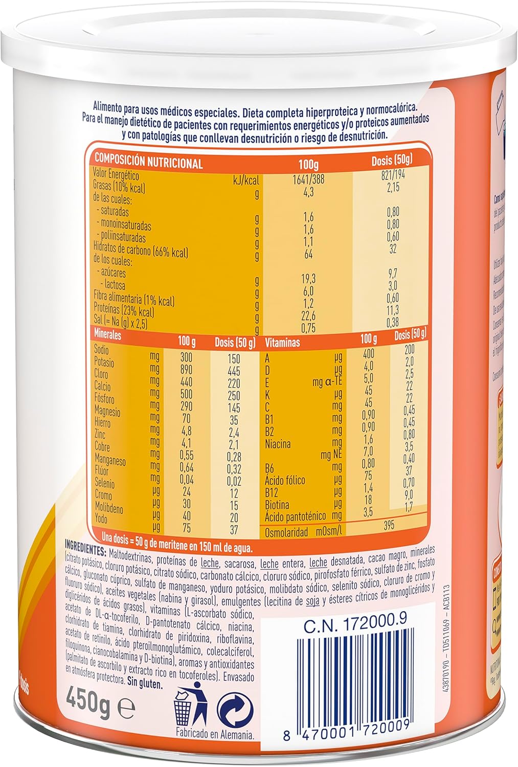 Meritene | Extra Chocolate | Suplemento Proteico y Calórico para Pacientes con Requerimientos Especiales | Formato Polvo | 450 g