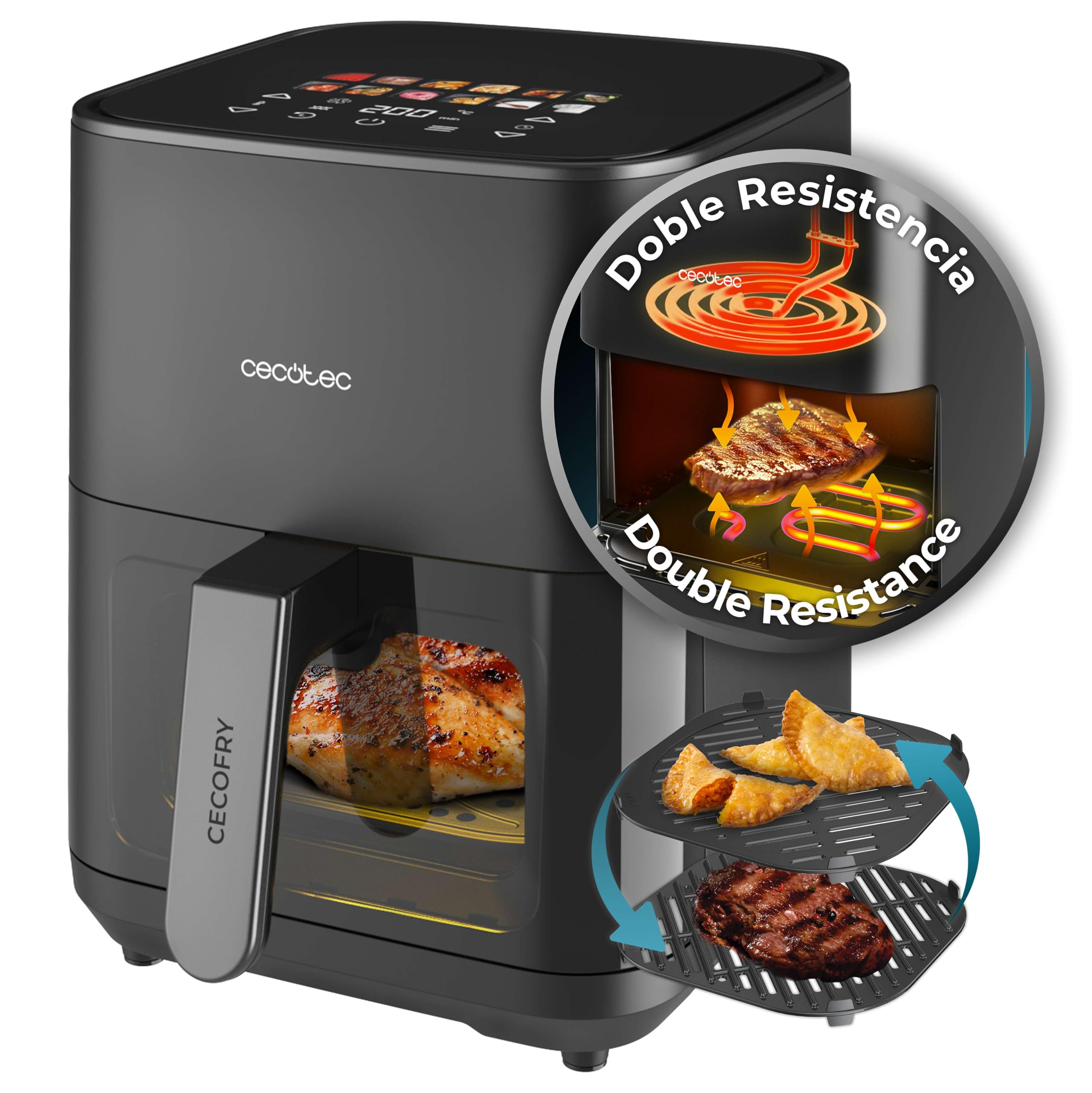 Cecotec Frigideira de ar 10 L, 4 resistências, Air Fryer, Cecofry&Grill Duoheat 10000. 2800 W, Dourado perfeito e sabor de grelha em carnes, parede divisória móvel, temperatura dupla, 10 menus