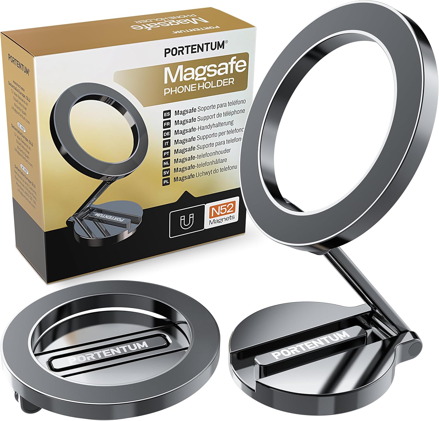 PORTENTUM Suporte móvel para carro Magsafe dobrável, com poderoso íman (20 x N52) e rotação de 360 ° – para espigão escritório ou outras superfícies - cinza escuro