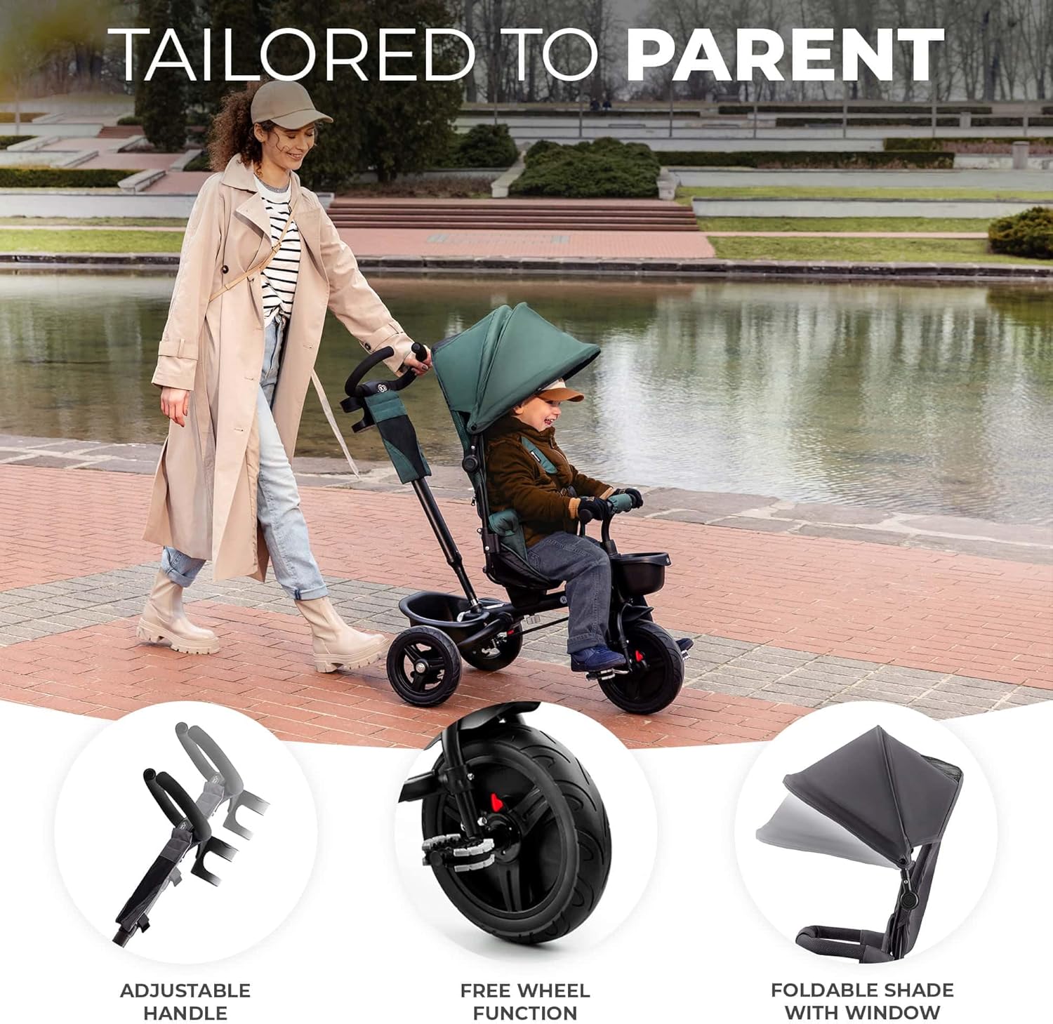 Kinderkraft AVEO Triciclo Bebé, Plegable, Trike, Bicicleta para Niños, Triciclo Evolutivo, Triciclo Sin Pedales, Bicicleta Bebe, Con Accesorios Práctico, Dos Cestas, 9 Meses a 25 kg, Verde