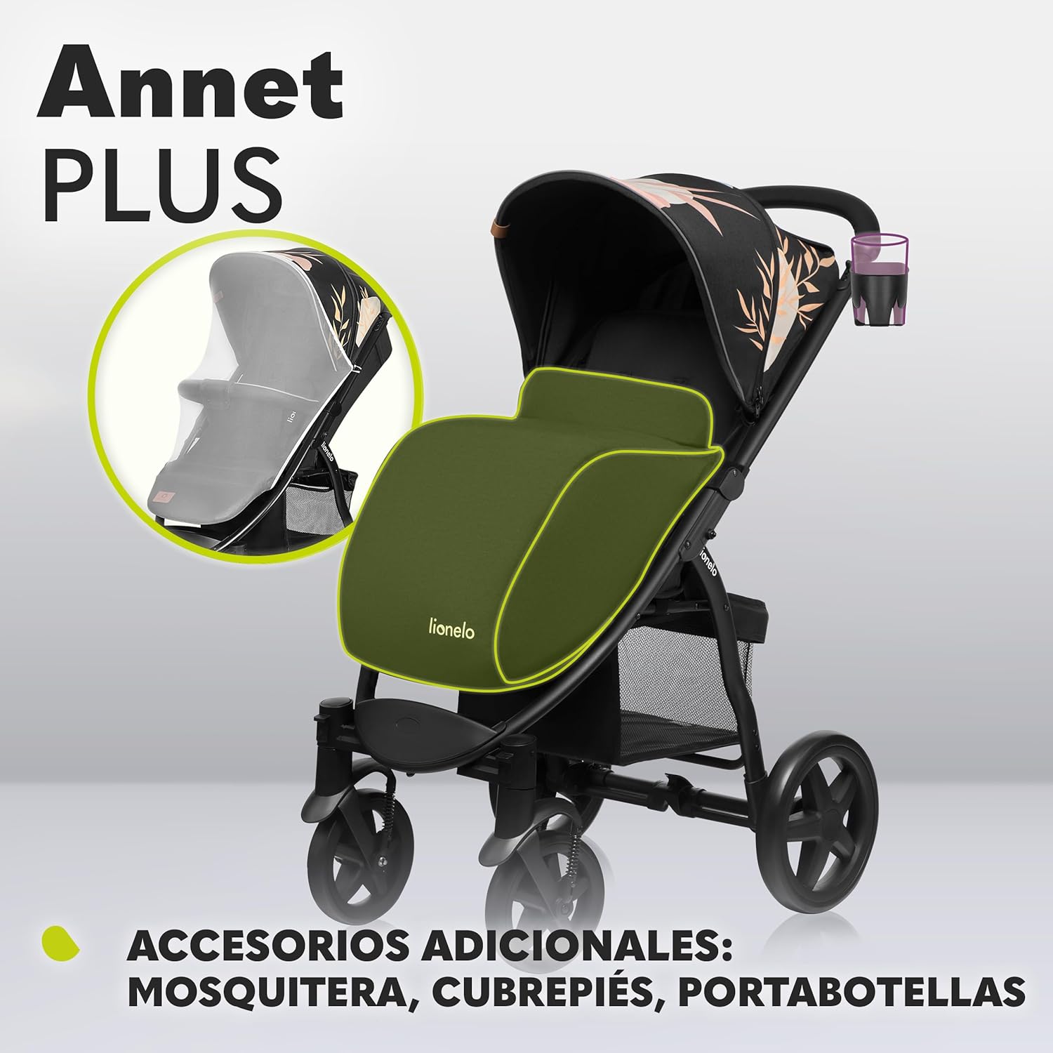 LIONELO Annet Cadeira de passagem para crianças até 22 kg 0-48 m ajuste do encosto até à posição horizontal capuz XXL dobrável fácil com janela mosquiteira (Lovin)