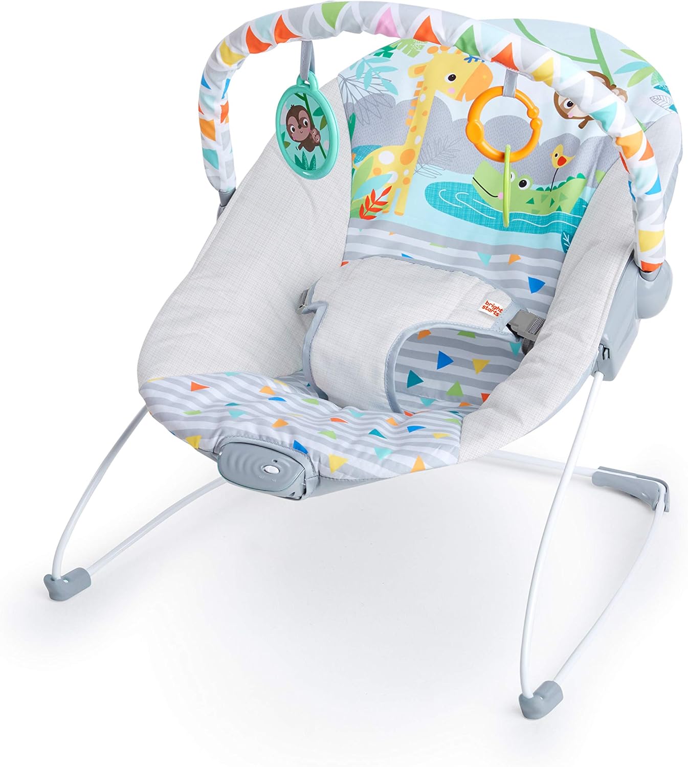 Bright Starts - Vibrador de assento infantil - barra de brinquedos removível, pés antiderrapantes, 0-6 meses a 9 kg (Safari Fun)