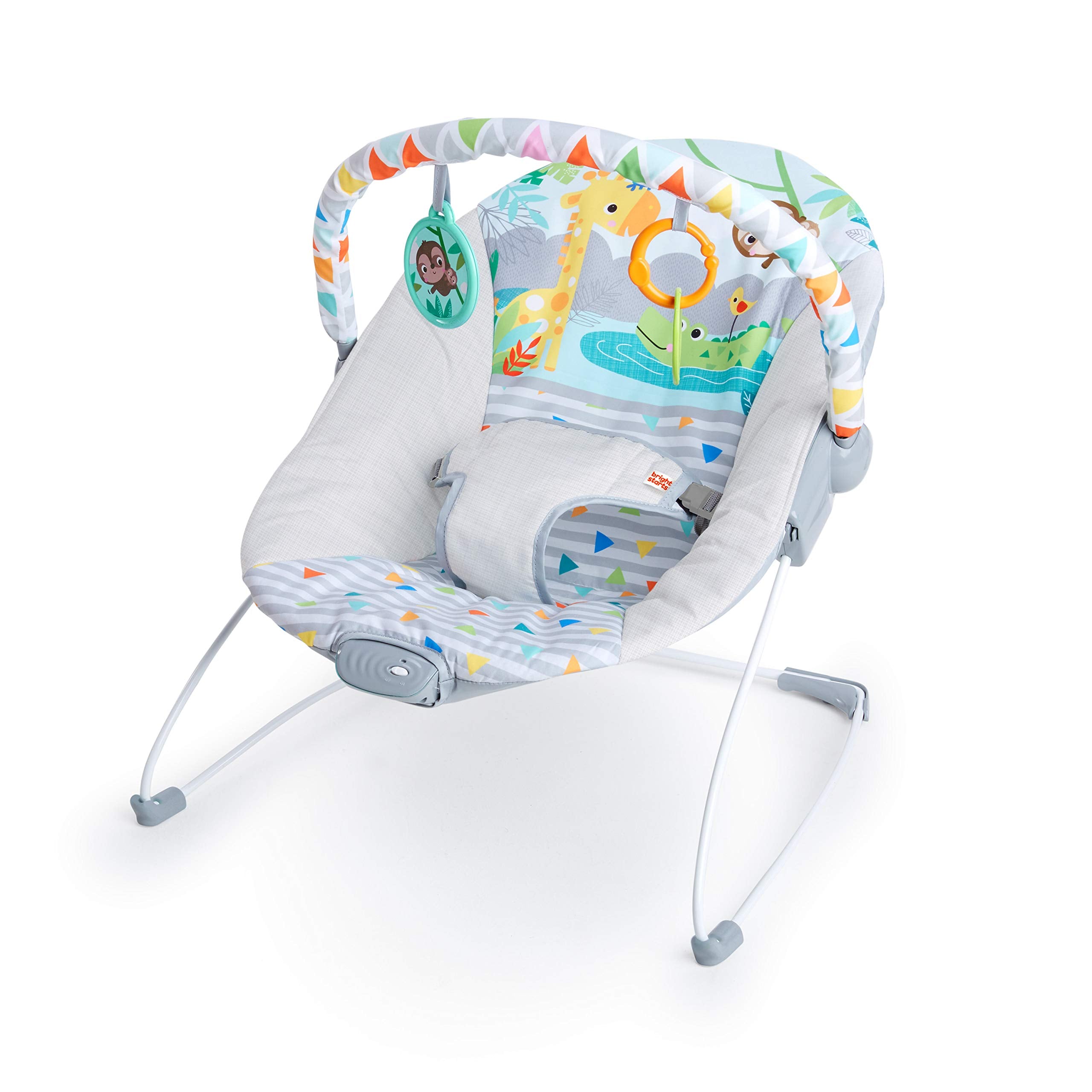 Bright Starts - Vibrador de assento infantil - barra de brinquedos removível, pés antiderrapantes, 0-6 meses a 9 kg (Safari Fun)