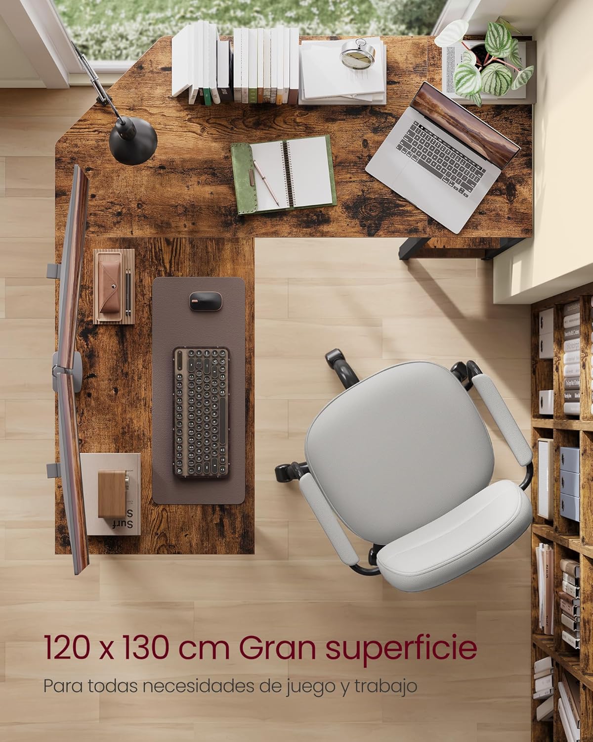 VASAGLE Secretária, mesa de computador em forma de L, 120 x 130 x 76 cm, esquina com 2 prateleiras, economiza espaço, para escritório casa, jogos, castanho rústico e preto tinta LWD123K01