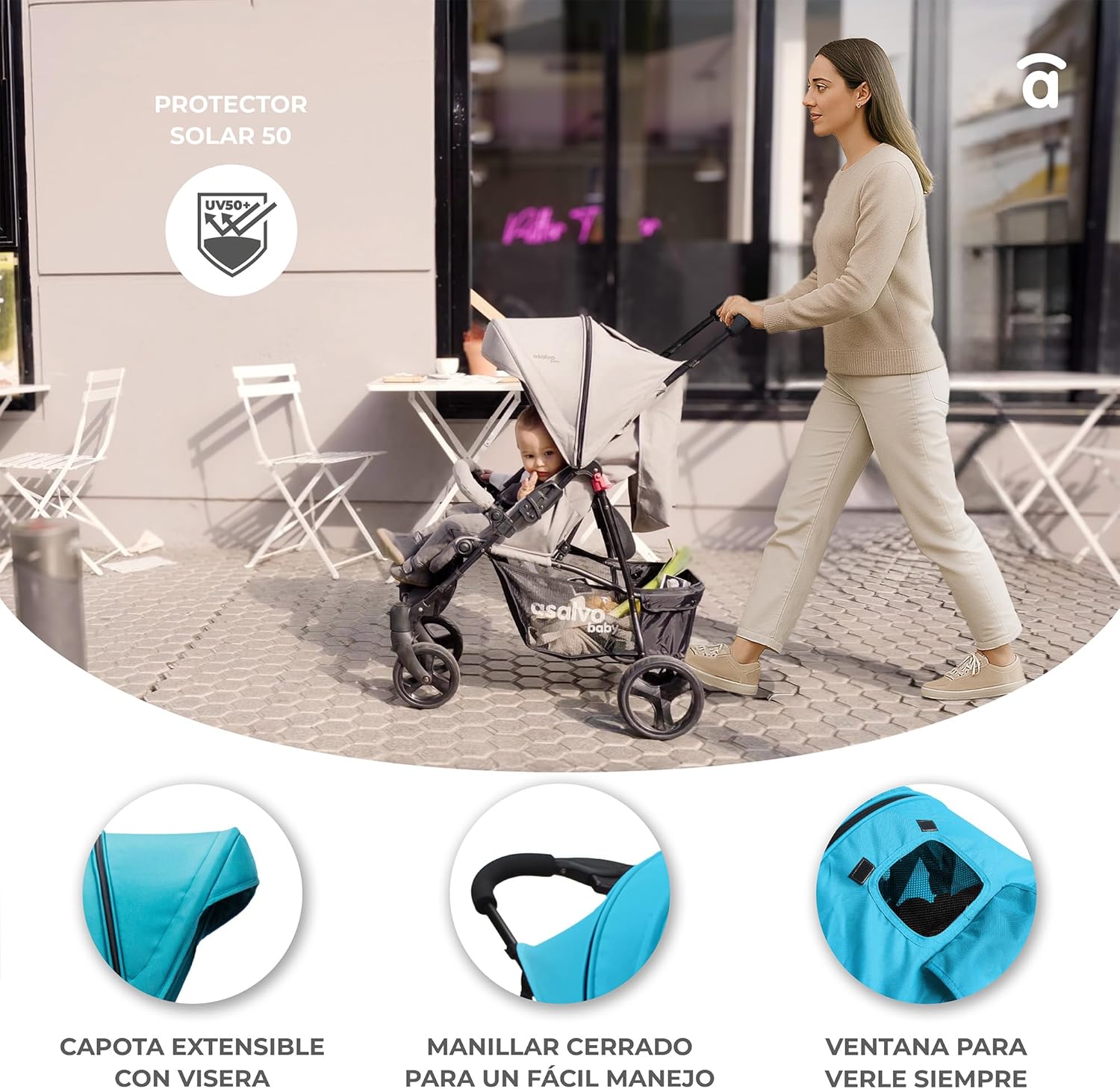 Asalvo CÁDIZ Cadeira de passeio ultra-leve, reclinável, capapta SPF50, arnês de 5 pontos, de 6 meses a 17 kg, cor petróleo