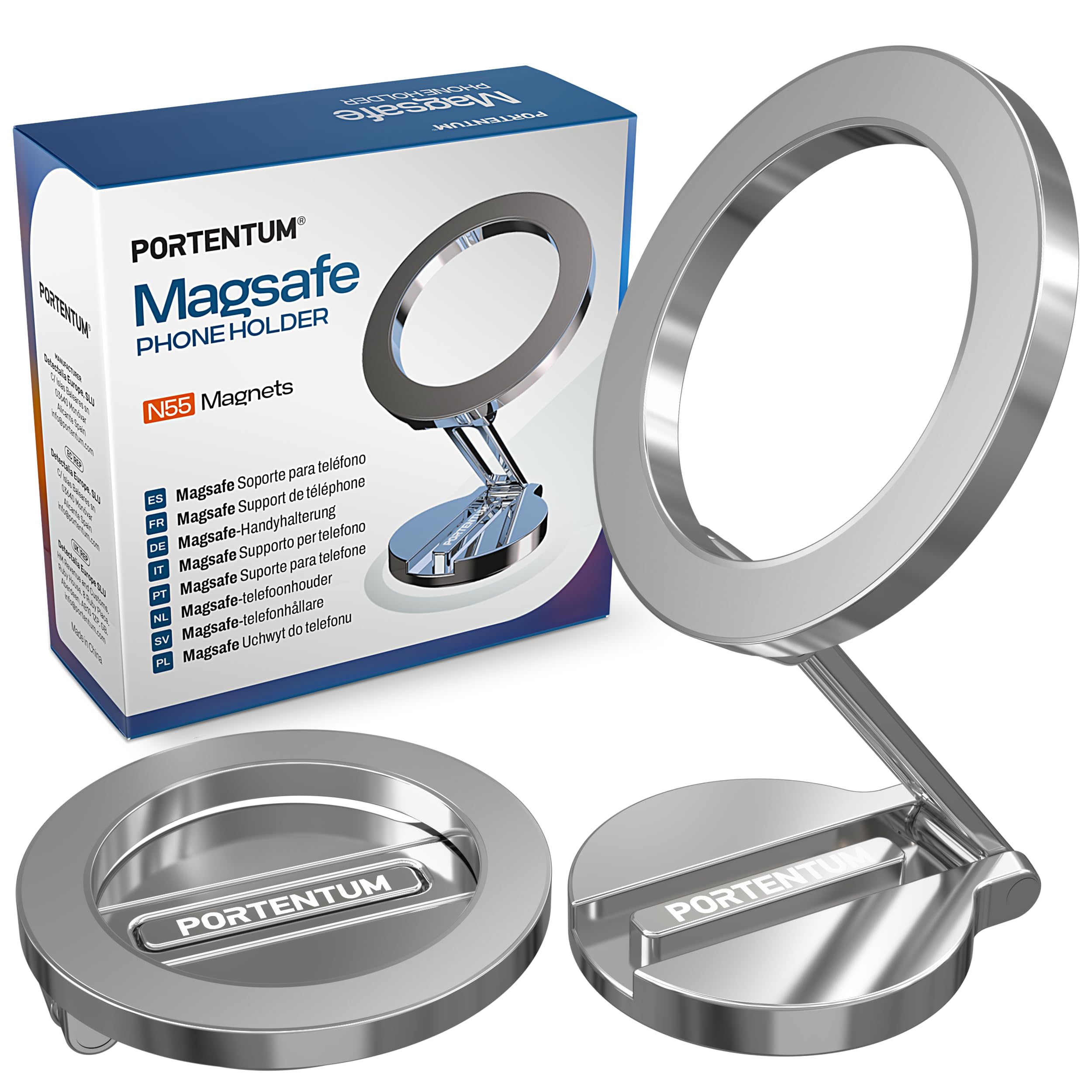 PORTENTUM Suporte móvel para carro Magsafe dobrável, com poderoso íman (20 x N52) e rotação de 360 ° – para espigão escritório ou outras superfícies - cinza escuro