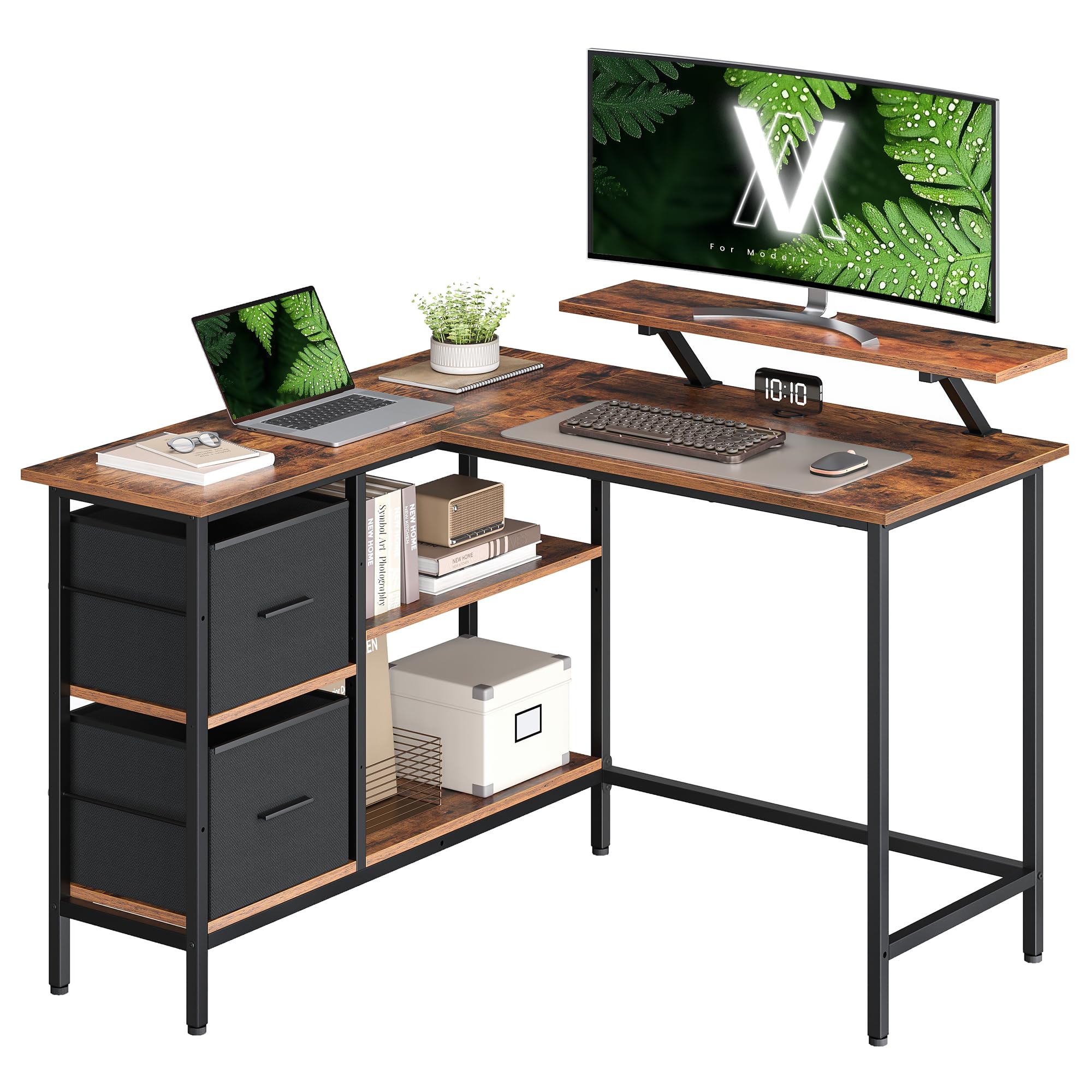 VASAGLE Escritorio en Forma de L, Esquinero, con 2 Amplios Cajones, Mesa con Soporte para Monitor, para Esquina, con Estante Ajustable, para Oficina Casa, Blanco Arce LWD097W01