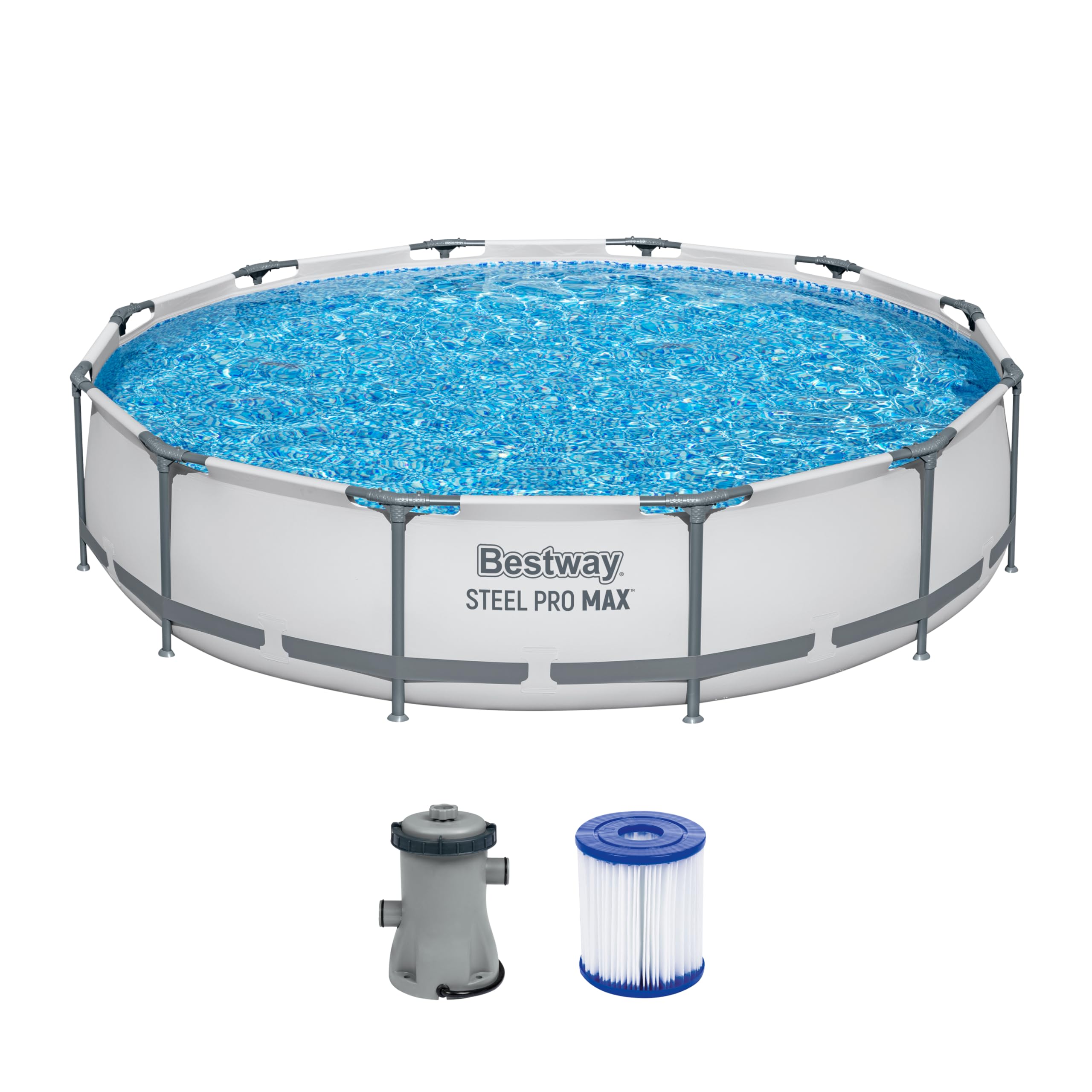 Bestway Steel Pro MAX Frame - Piscina Completa con Bomba de Filtro (diámetro 366 x 122 cm), Color Gris Claro
