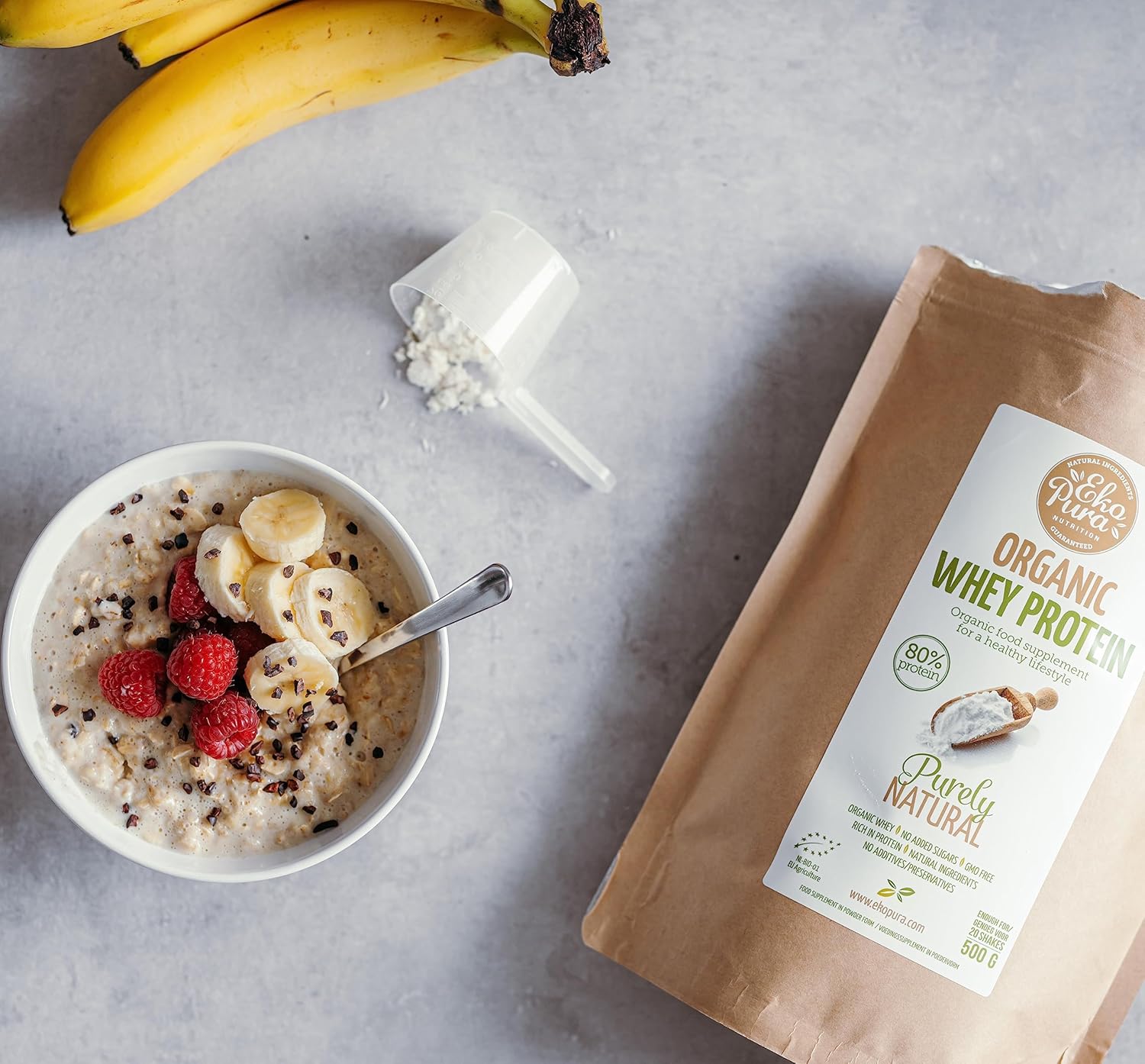 Organic Whey Protein - Purely Natural - 80% Proteína - Proteína de suero Orgánico - Sin Aditivos - Libre de GMO - Sin Soja - 500g