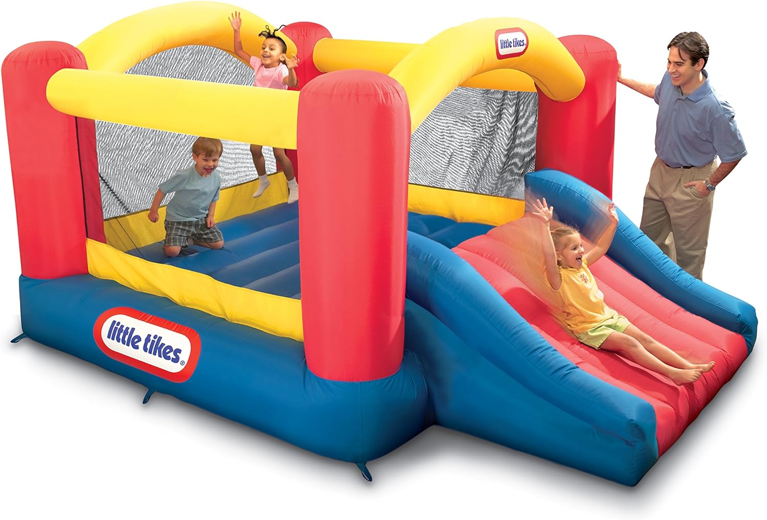 Little Tikes Jump 'n Slide Castillo Hinchable - con Paredes en Malla para Uso Exterior - Incluye Funda, Compresor y Parches de reparación - Edad: 3+ años, Exclusivo en Amazon