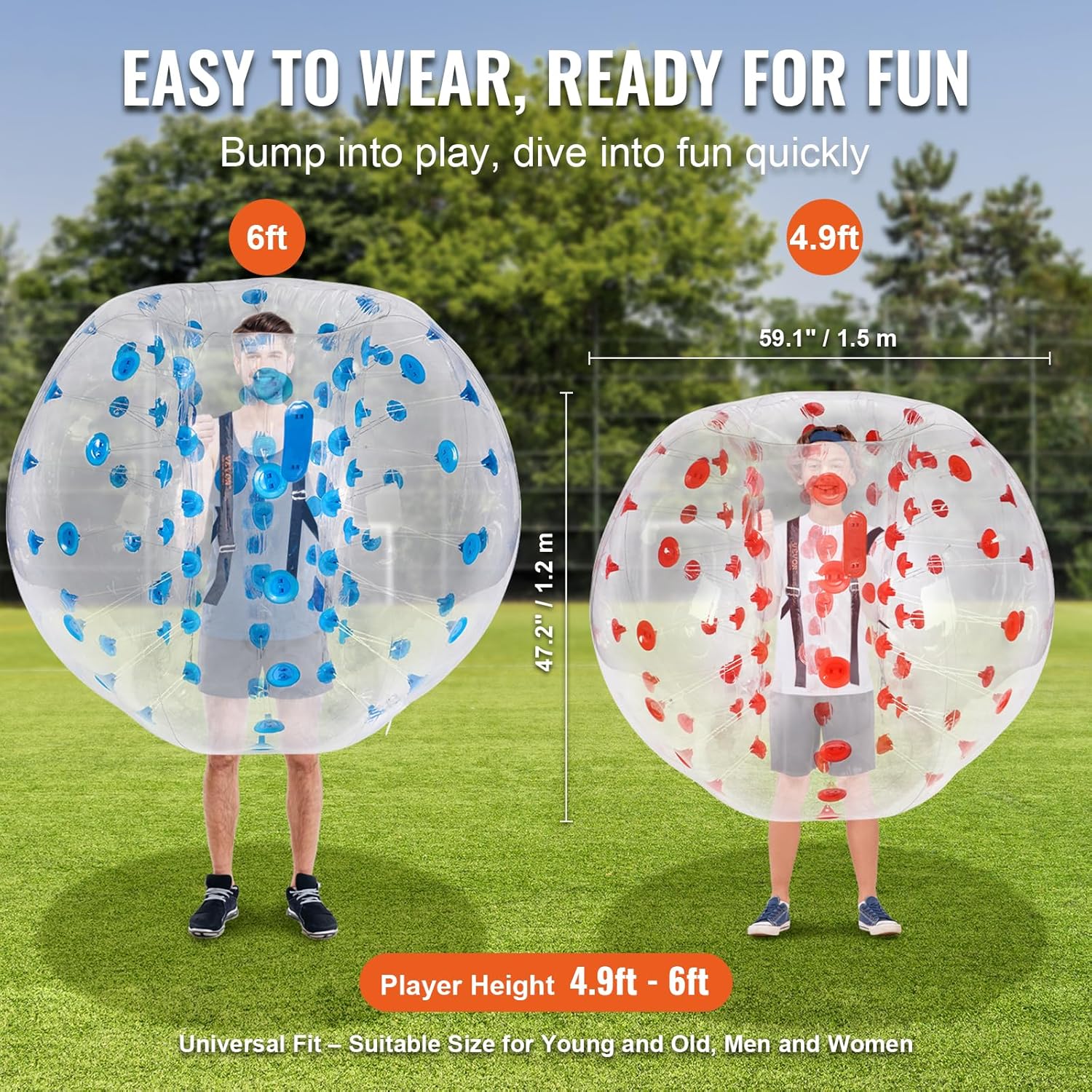 VEVOR 2 bolas de para-choques insufláveis de 1,5 m x 1,2 m, bola de recuperação insuflável com corpo de PVC para atividades ao ar livre, bola de para-choques insuflável de pontos vermelho e azul
