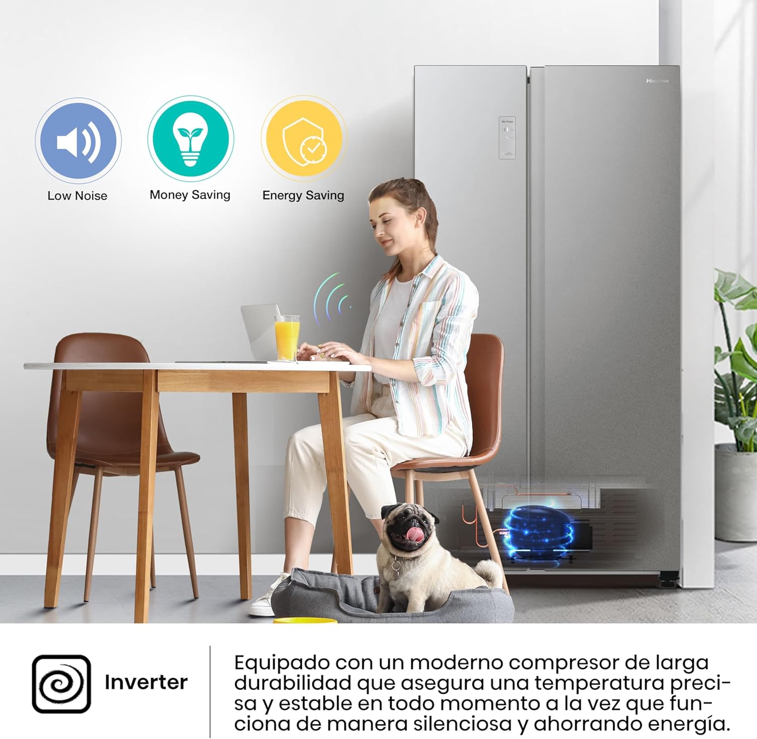 Hisense RS711N4ACE Frigorífico Side by Side, capacidade 547 l com 178,6 cm de altura, sem rost, super frio, alarme de porta aberta, modo de férias, Freezer Convert, baixo nível de ruído, classe E,