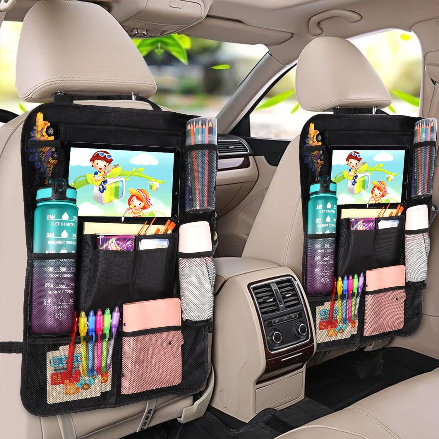 Diboniur Organizador de assento de carro, protetores de assento para carro com 10 bolsos, organizador de assento traseiro para crianças para tablet iPad de 9,7" e 10,5" para brinquedos livros