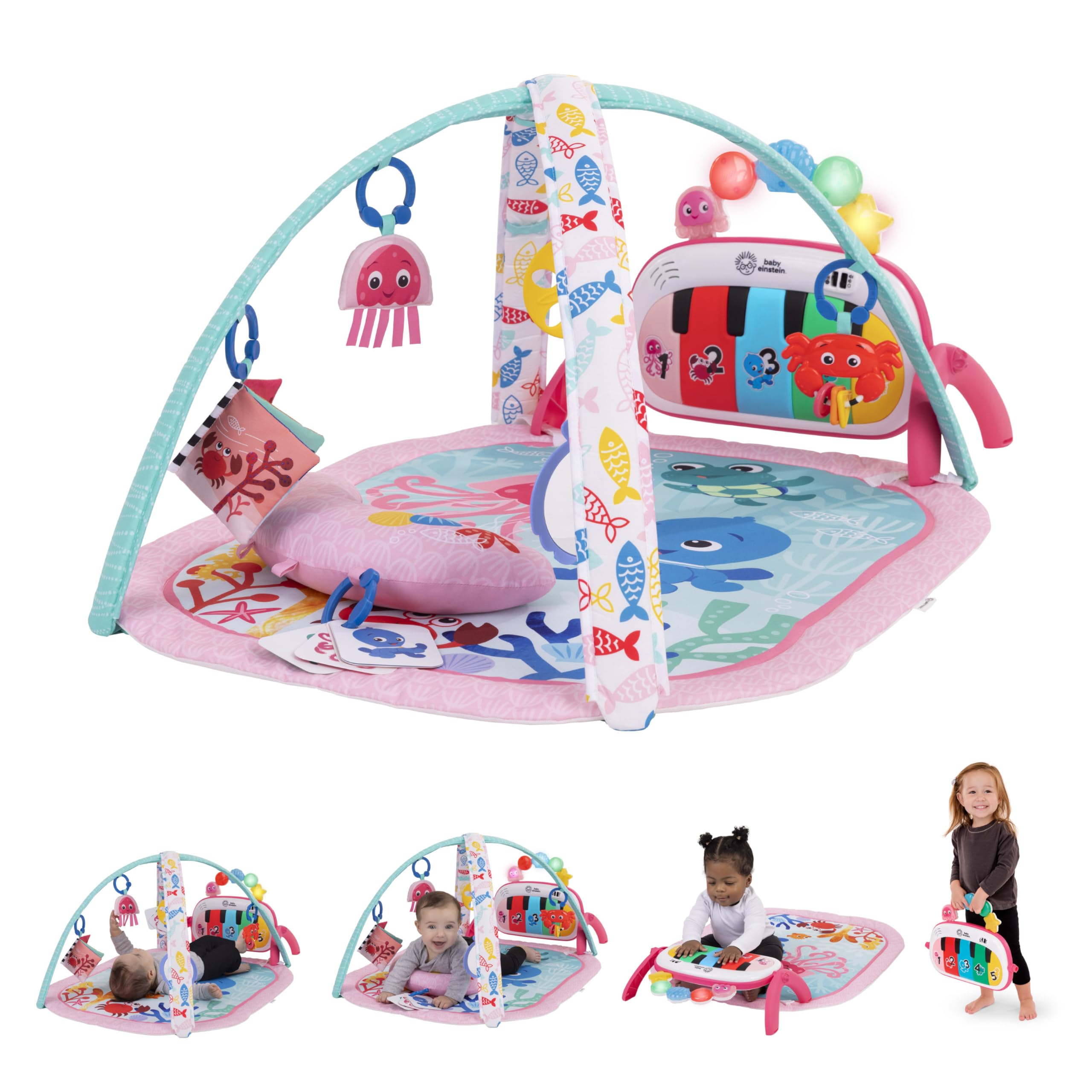 Baby Einstein, Gimansio de Actividades Musical para bebés 4en1 Kickin' Tunes con Piano, 70+ sonidos, 25+ min de música y luces, arco de juego, 7 juguetes extraíbles, 4 idiomas, desde recién nacido