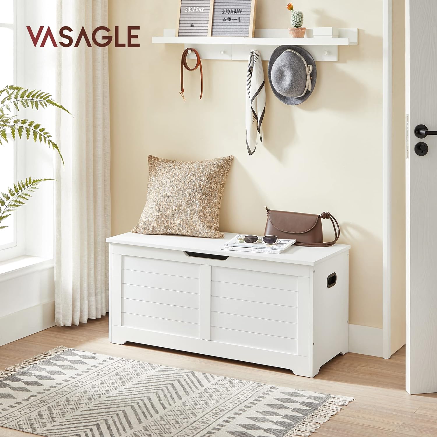 VASAGLE Puff de armazenamento, banco de armazenamento com 2 dobradiças de segurança, baú de armazenamento, banco de sapateiros, estilo de campo, 40 x 100 x 46 cm, para corredor quarto sala de estar,