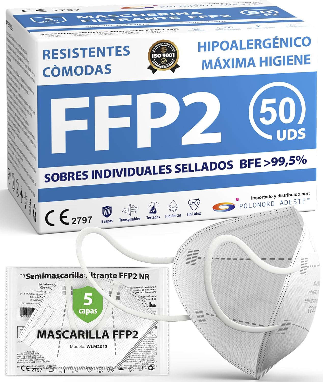 ADESTE – 50 Mascarillas FFP2 Blancas con Certificado CE, cadena controlada, elásticos cómodos, hipoalergénicos y regulables. Seguras: potencia de filtrado BFE >99,5%. Sobres individuales sellados